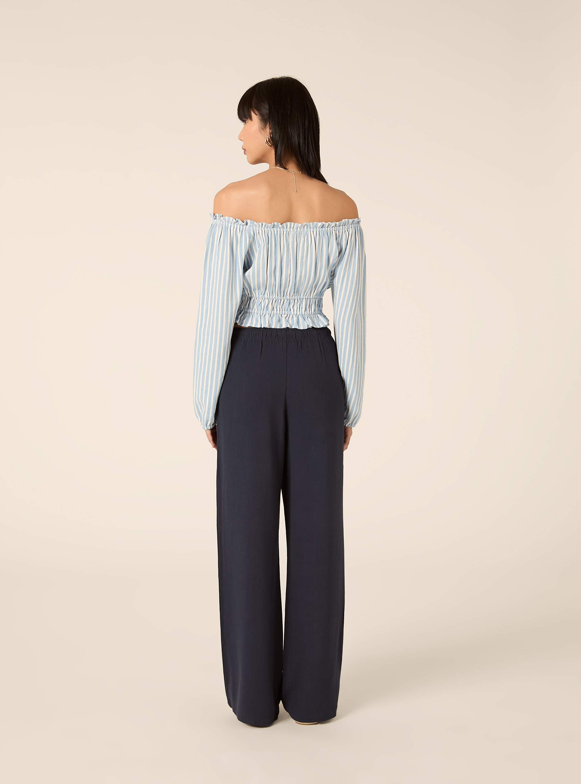 Blusa con spalle scoperte in misto lino, MULTICOLORE