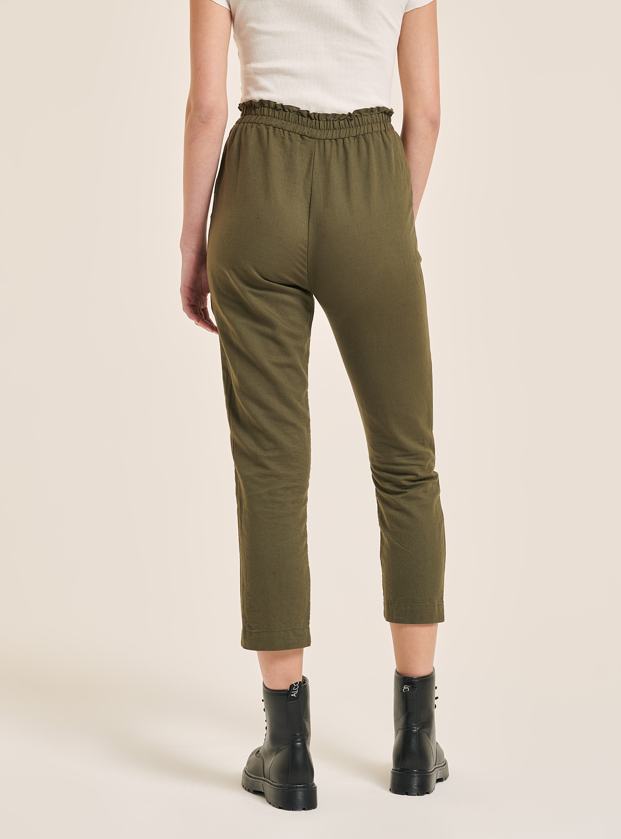 Pantaloni paperbag in misto lino, KAKI