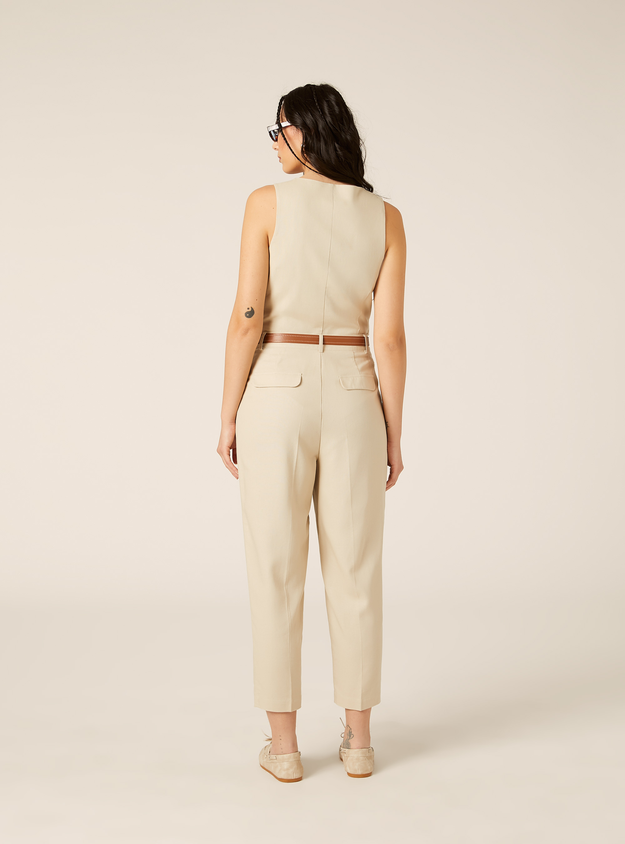 Pantaloni dritti in misto lino con cintura, MBG2 BEIGE MEL MED
