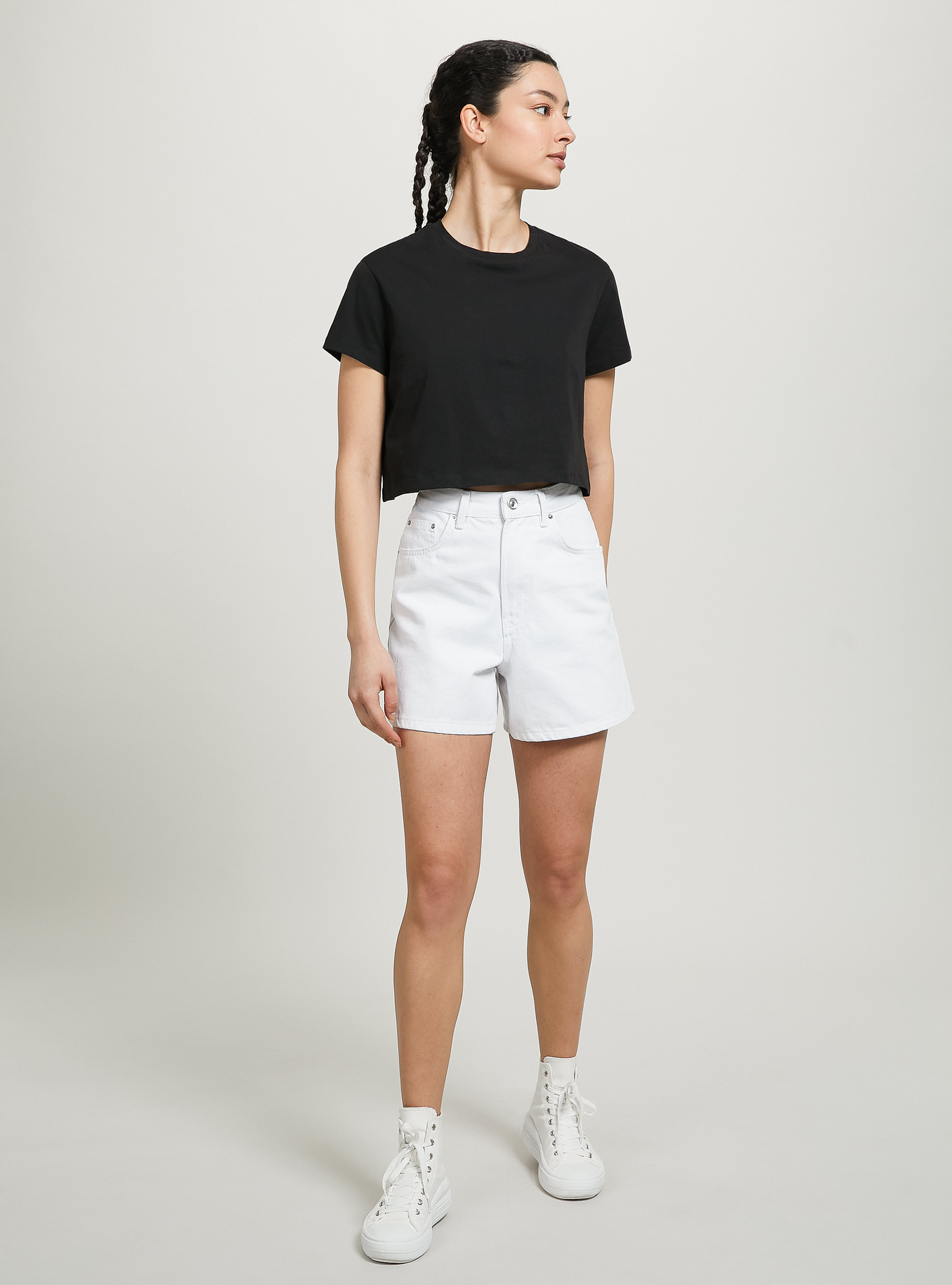 Short mom high waist, D099 WHITE