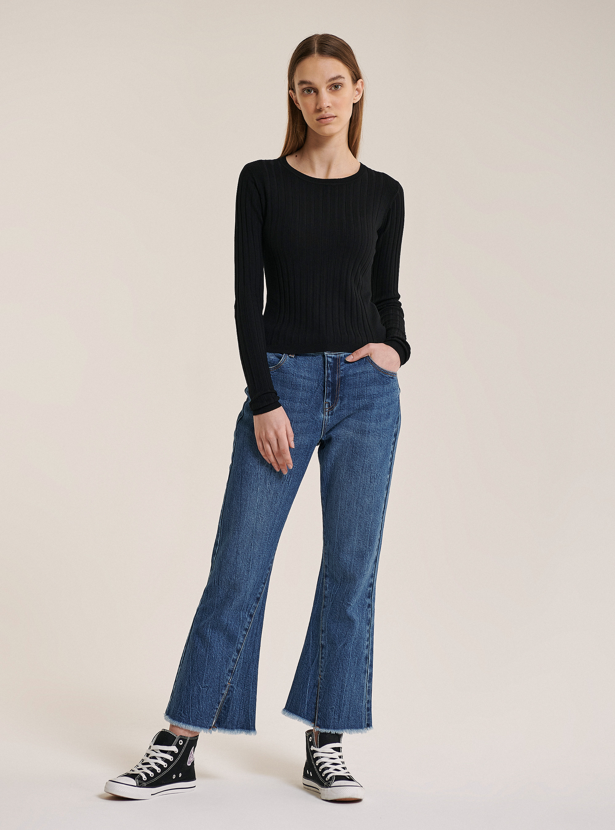 Cropped ribbed pullover, BLACK