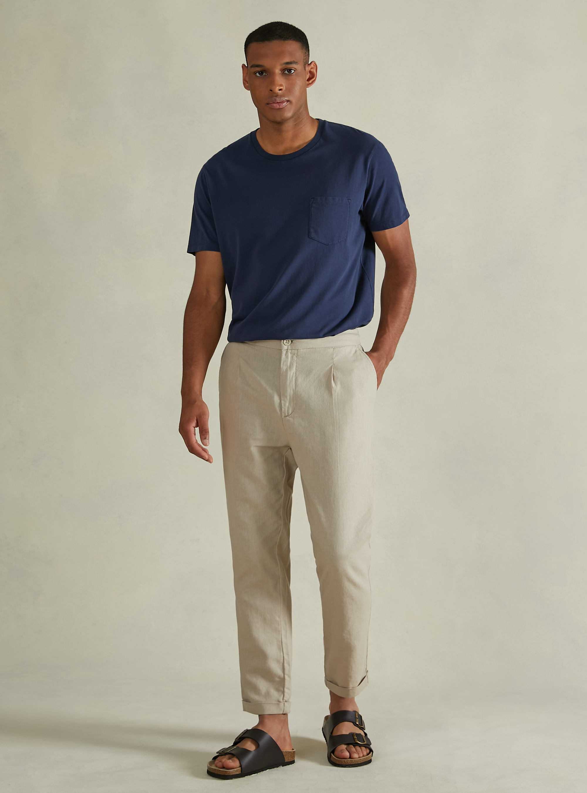 Pantalon en lin m&eacute;lang&eacute; avec pinces, BG3 BEIGE LIGHT