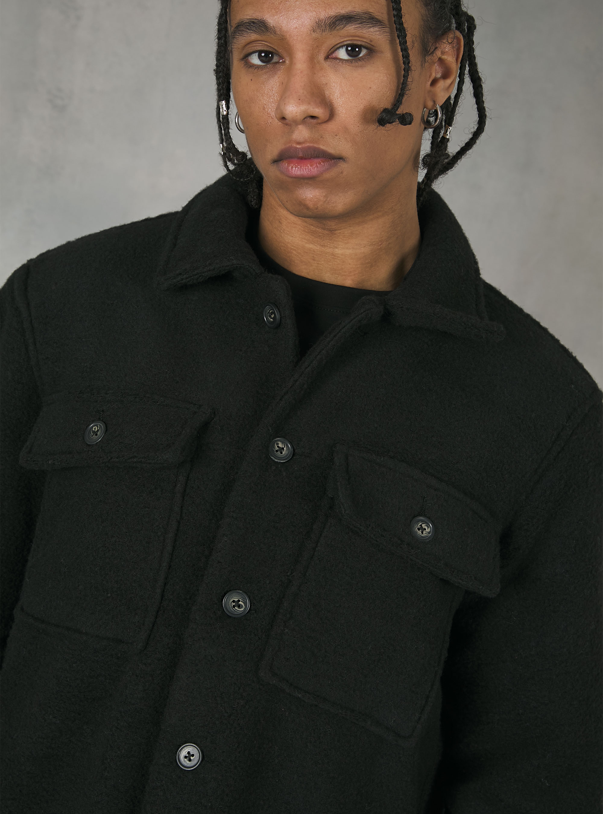 Giacca a camicia basica tinta unita, BK1 BLACK