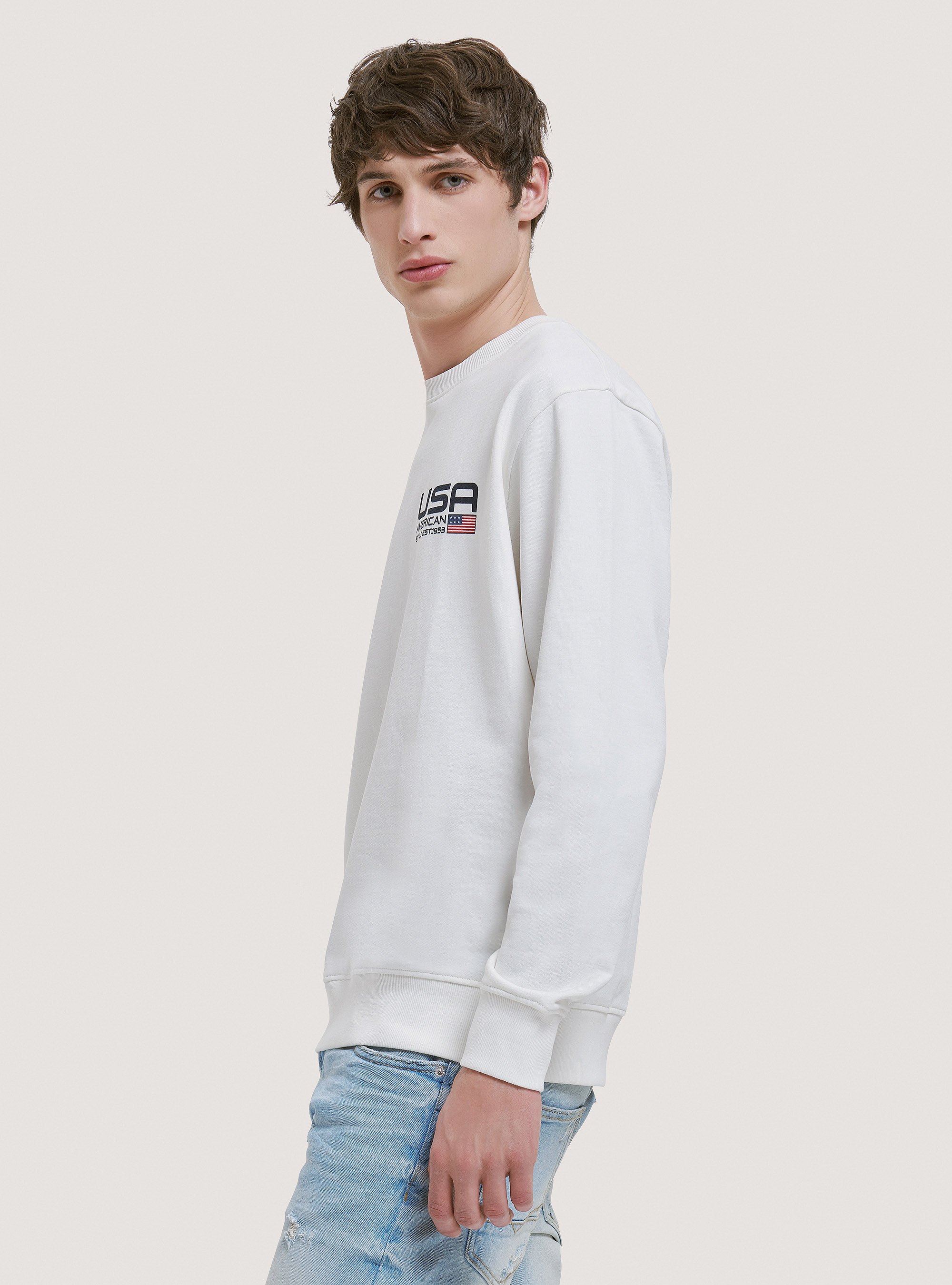 Crew-neck cotton sweatshirt with print, C0020 OFF WHITE