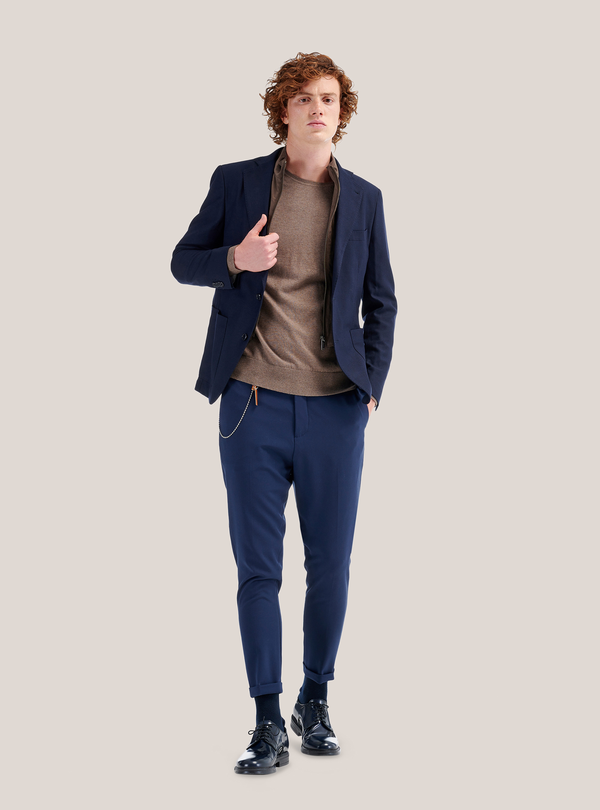 Cropped chinos in morbida tela e orlo con risvolto, BLU MARINO