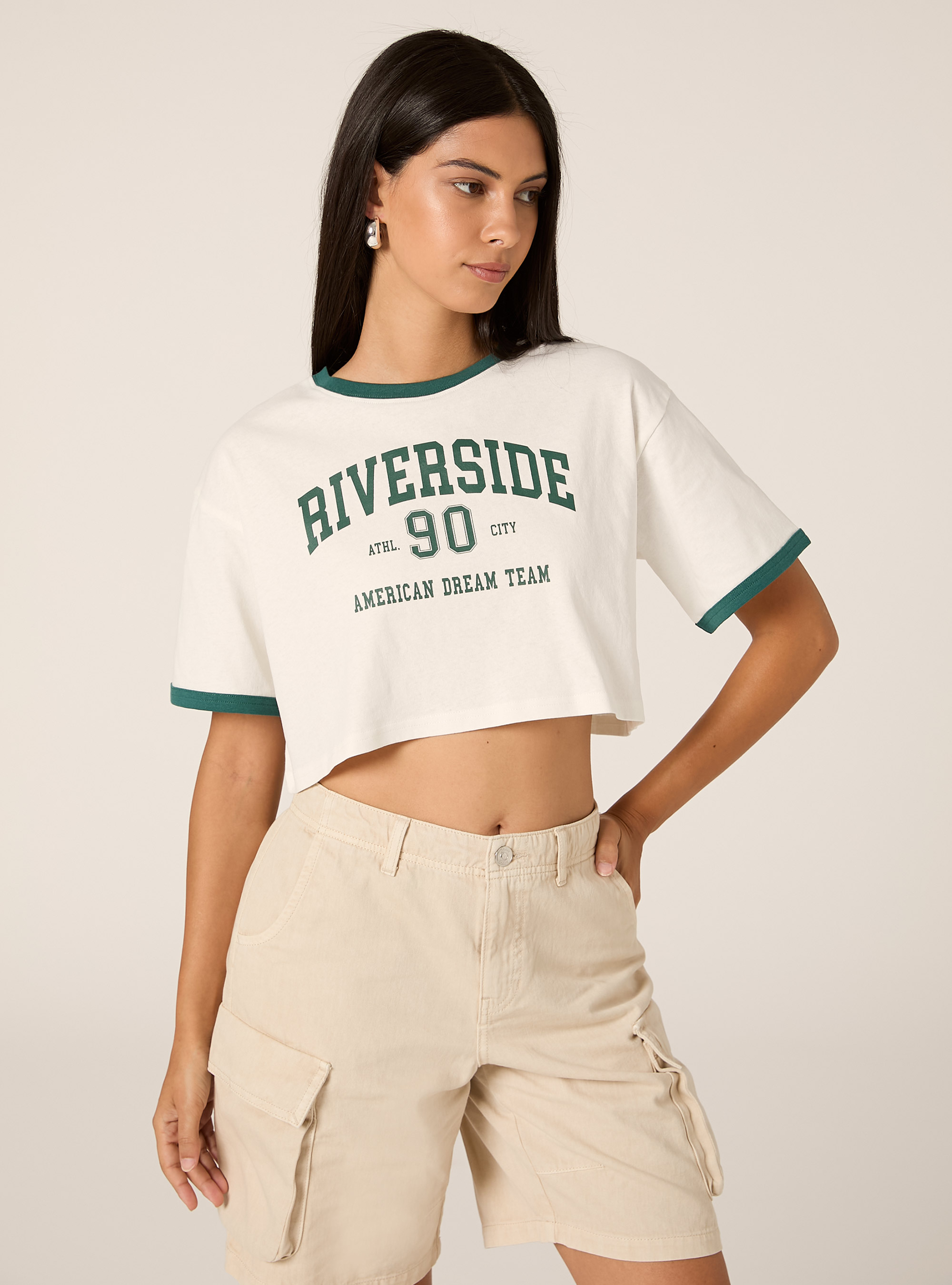 Cropped-T-Shirt mit College-Print, WH1 OFF WHITE