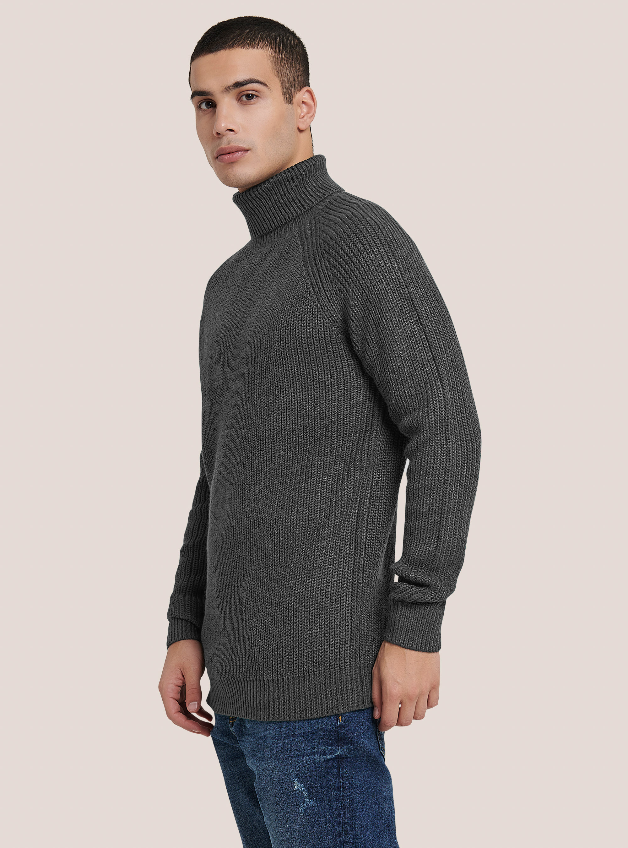Pullover caldo collo alto a coste inglesi, MGY1 GREY MEL DARK