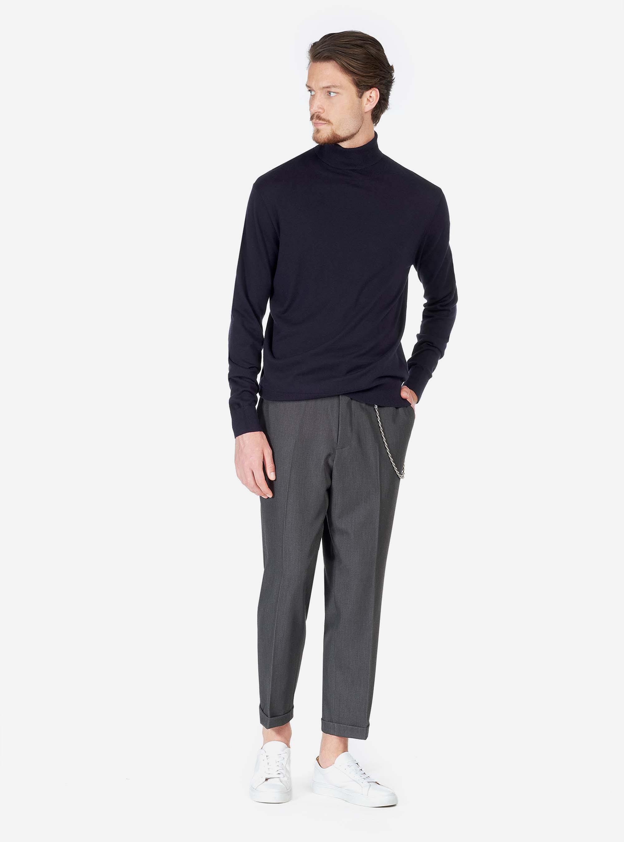 HIGH NECK SWEATER IN COTTON CASHMERE, BLUE NAVY