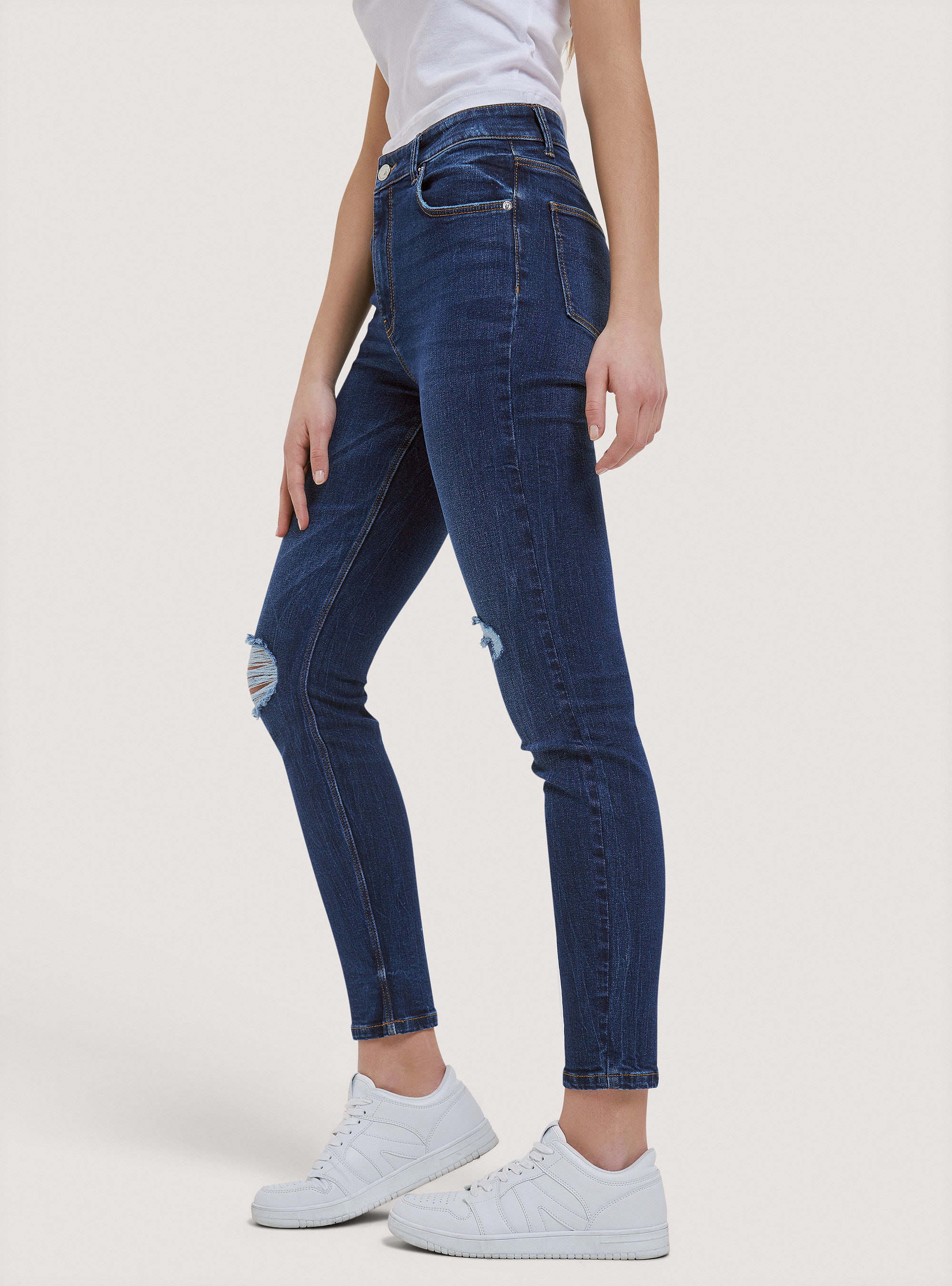 Skinny mid rise stretch denim jeans, D002 MEDIUM DARK BLUE