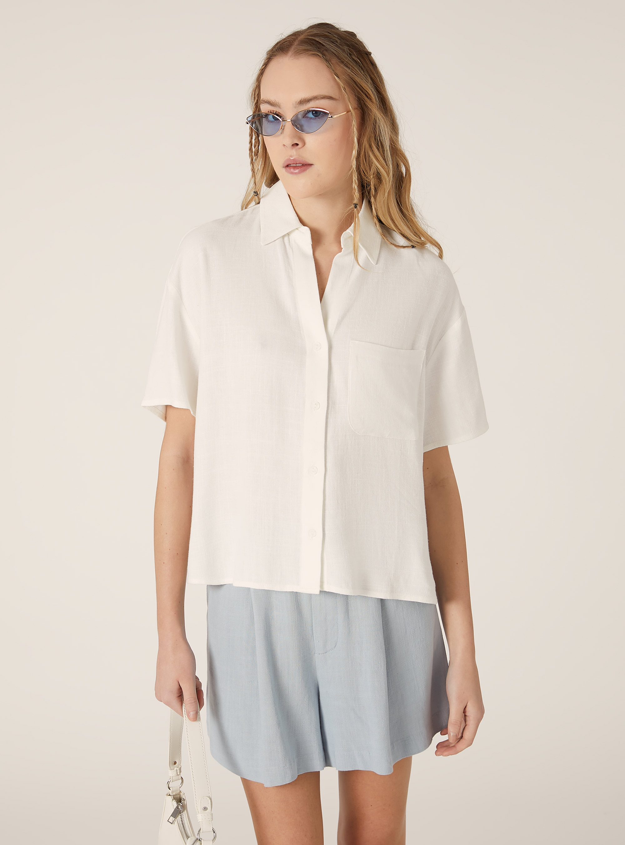 Chemise courte en lin m&eacute;lang&eacute;, WH1 OFF WHITE