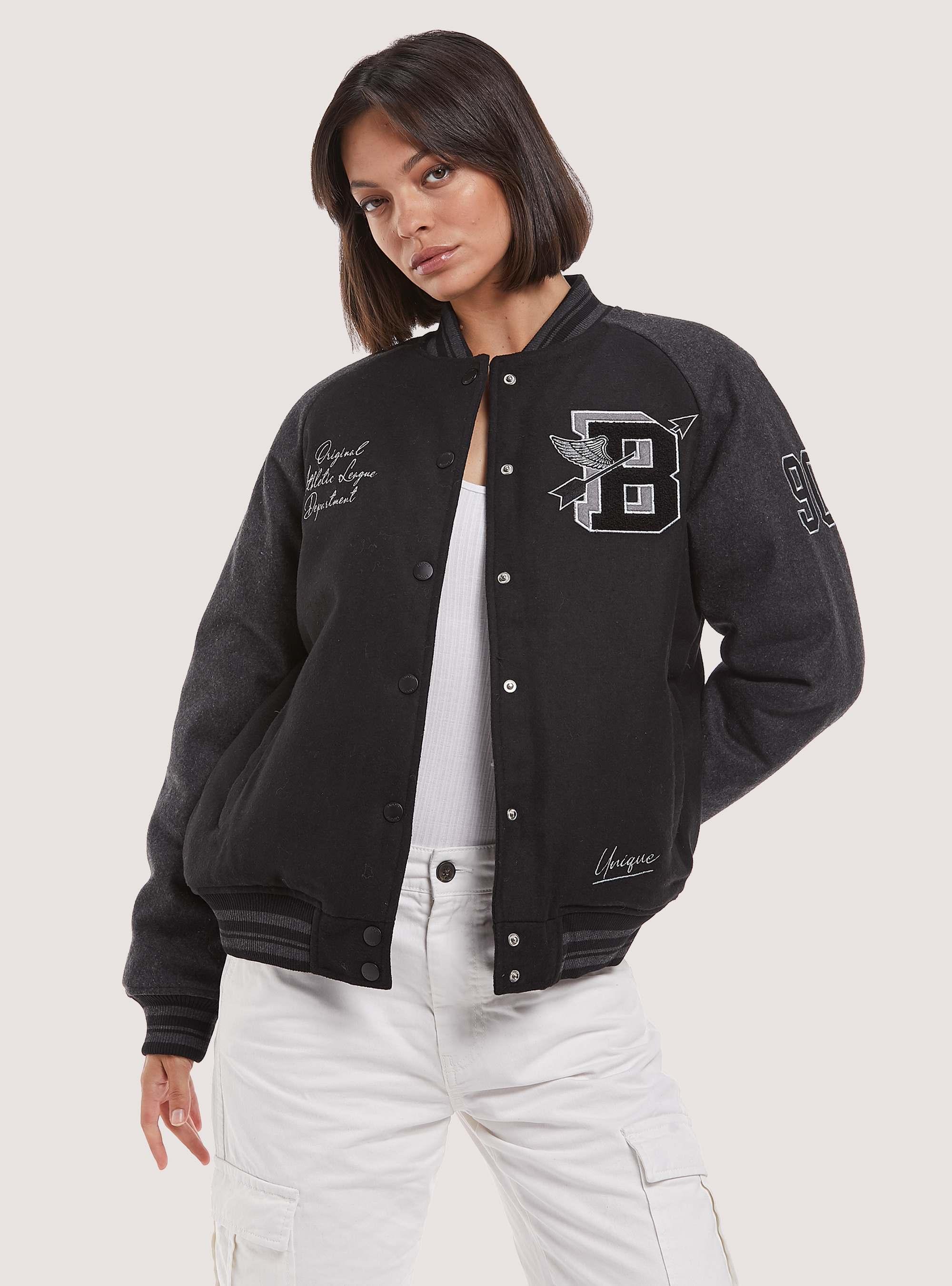 Chaqueta de bombardero universitaria con acolchado reciclado, BK1 BLACK