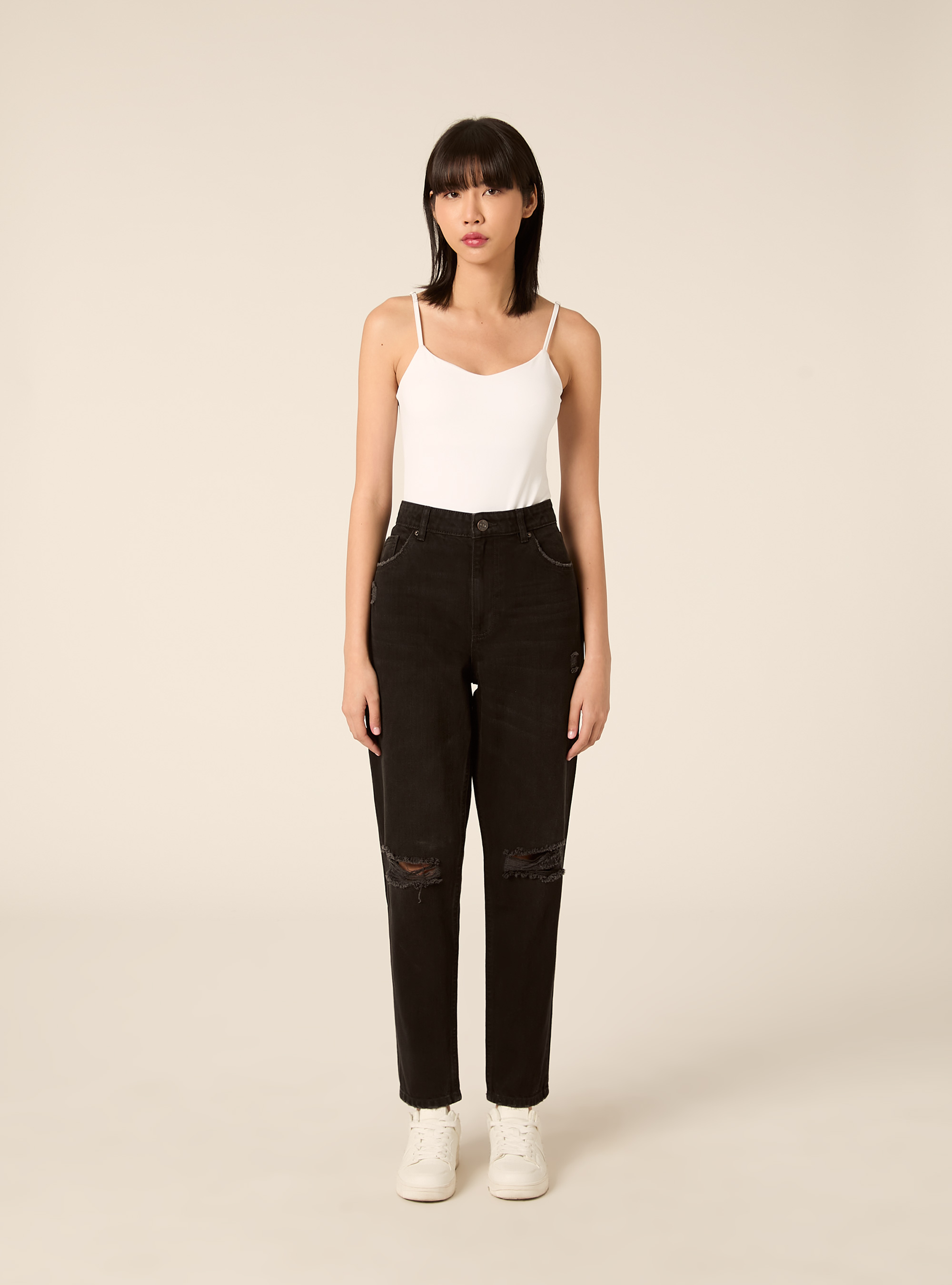 Mom fit jeans with rips, D000 BLACK