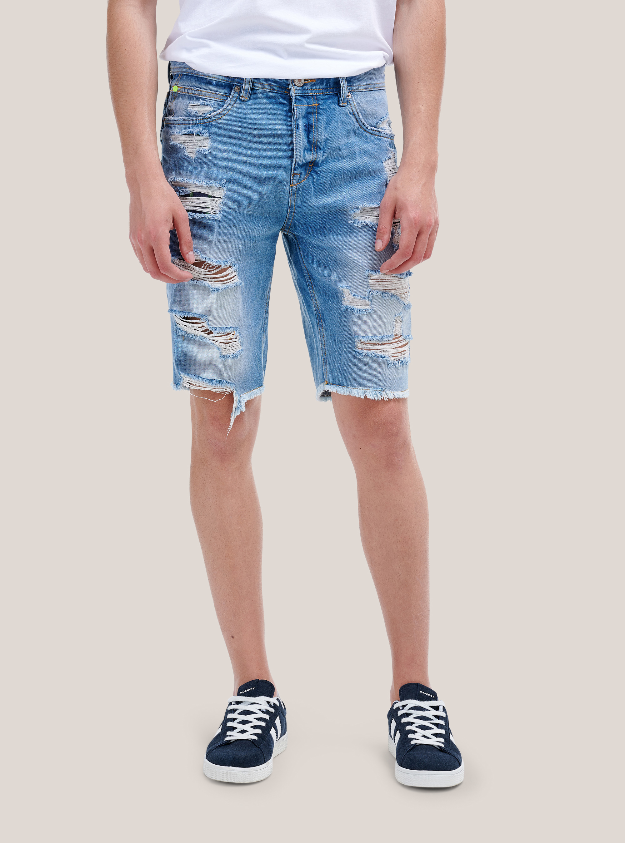 Bermuda in denim con tagli, BLU