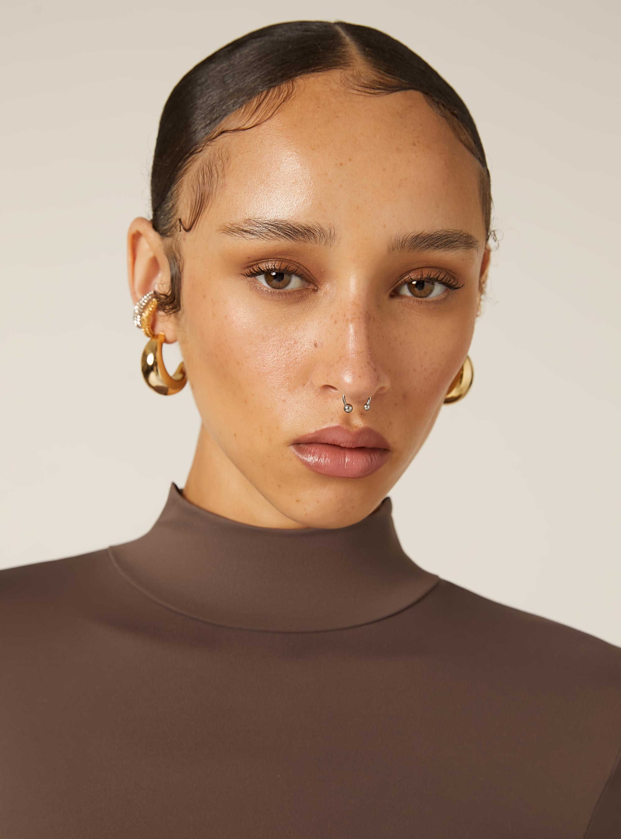 High-neck stretch bodysuit, BR2 BROWN MEDIUM