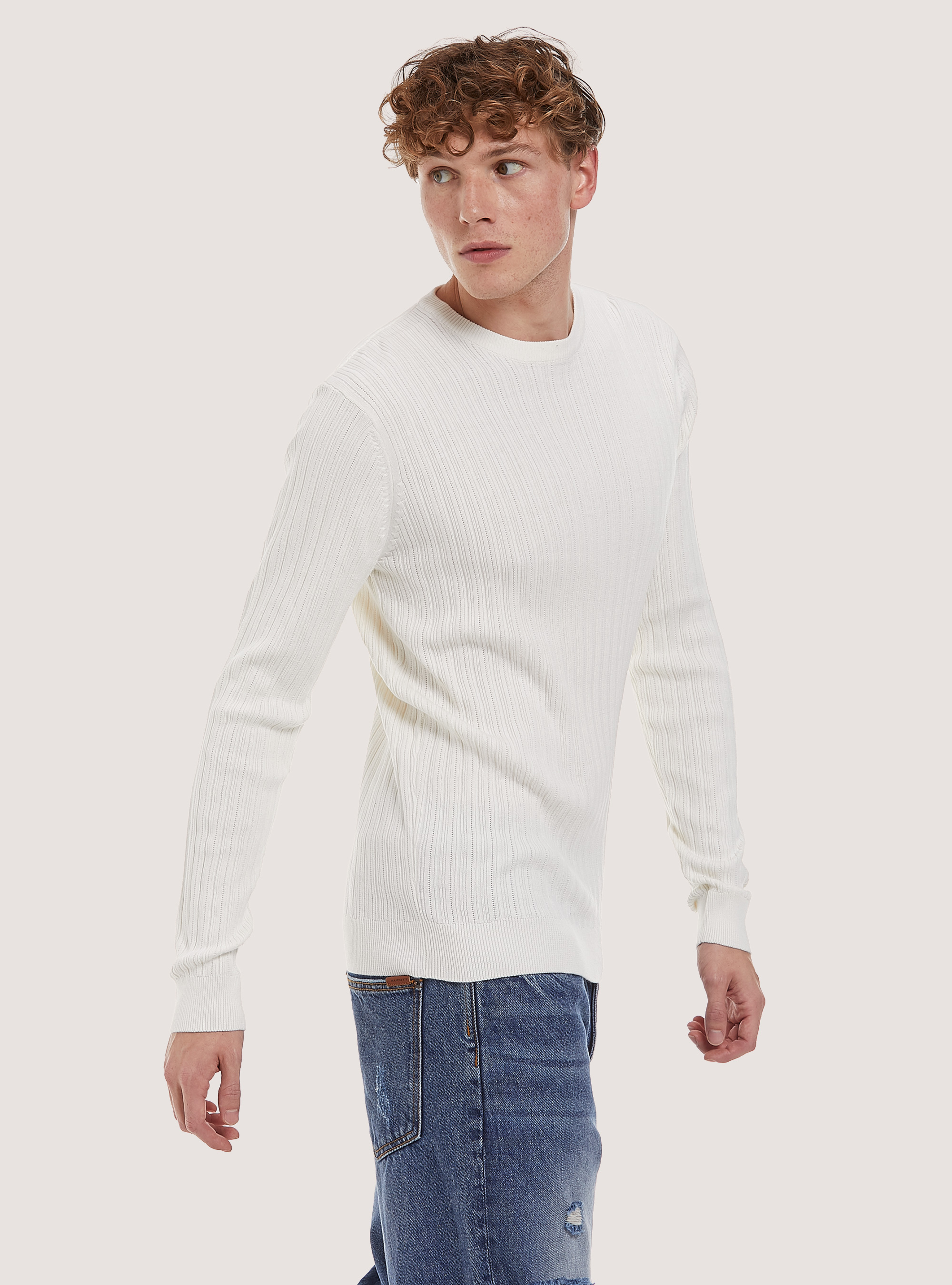 Crew-neck pullover with texture, WH2 WHITE