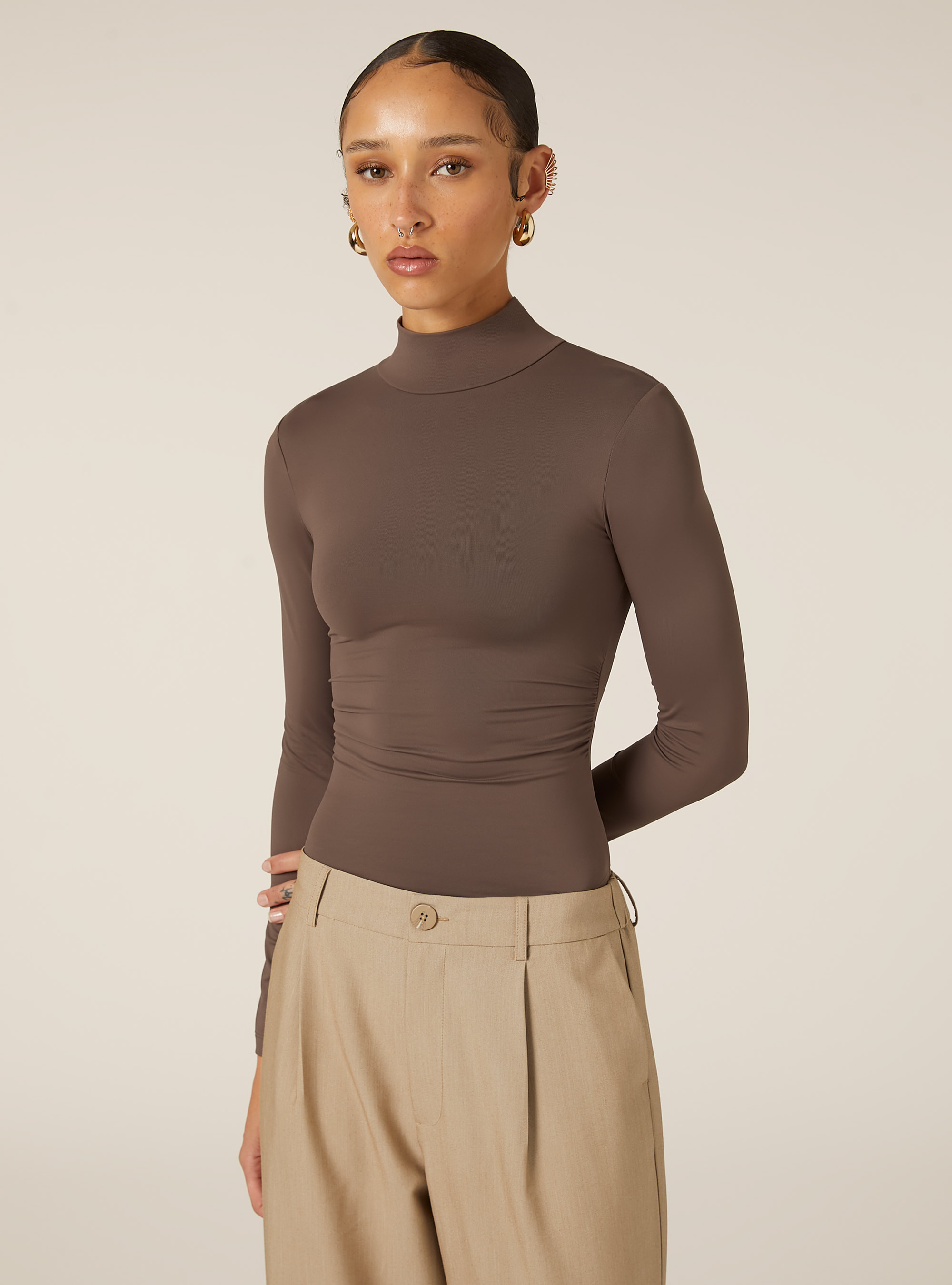 High-neck stretch bodysuit, BR2 BROWN MEDIUM