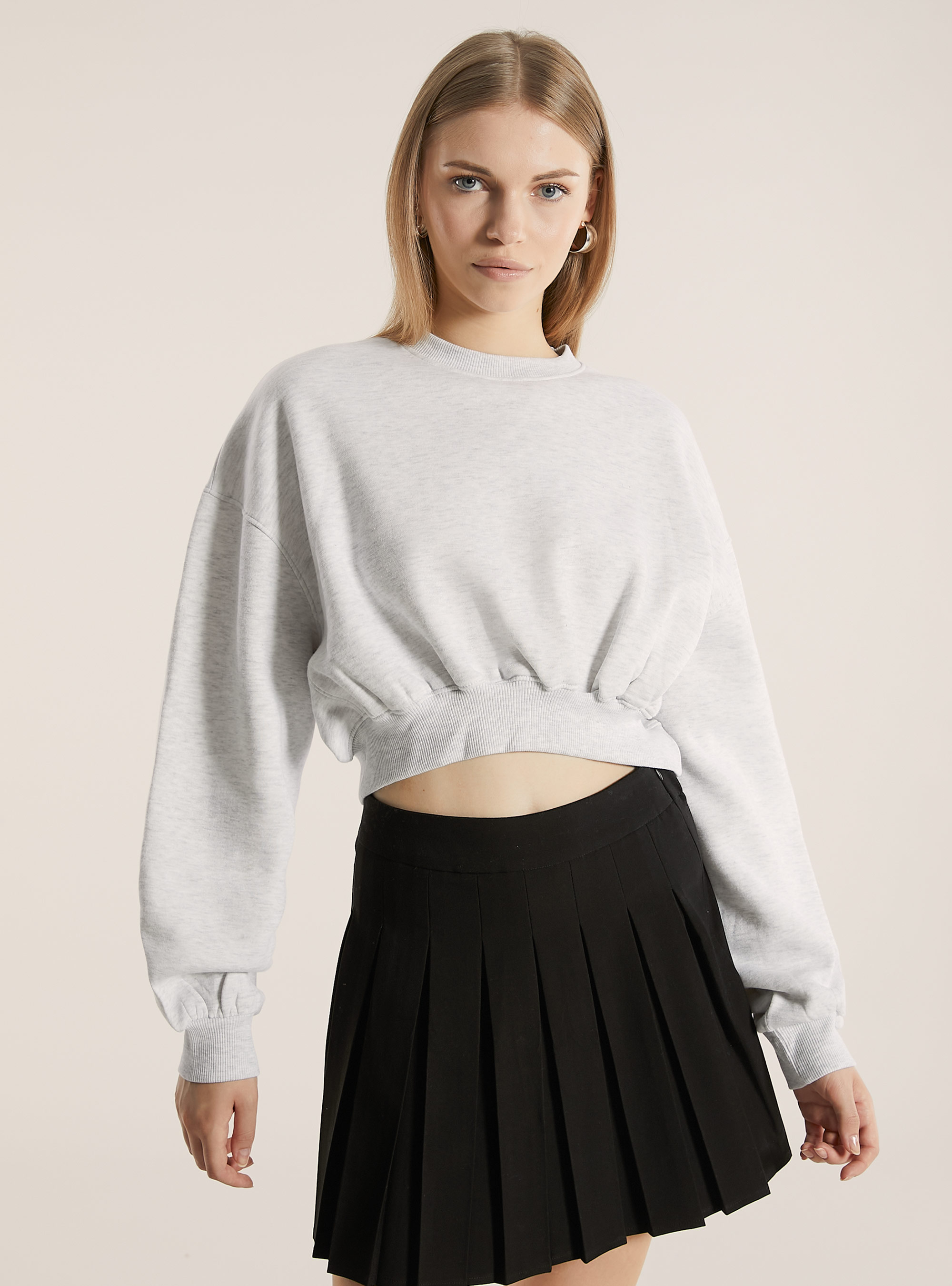 Baumwoll-Crop-Sweatshirt mit Rundhalsausschnitt, MGY3 GREY MEL LIGHT