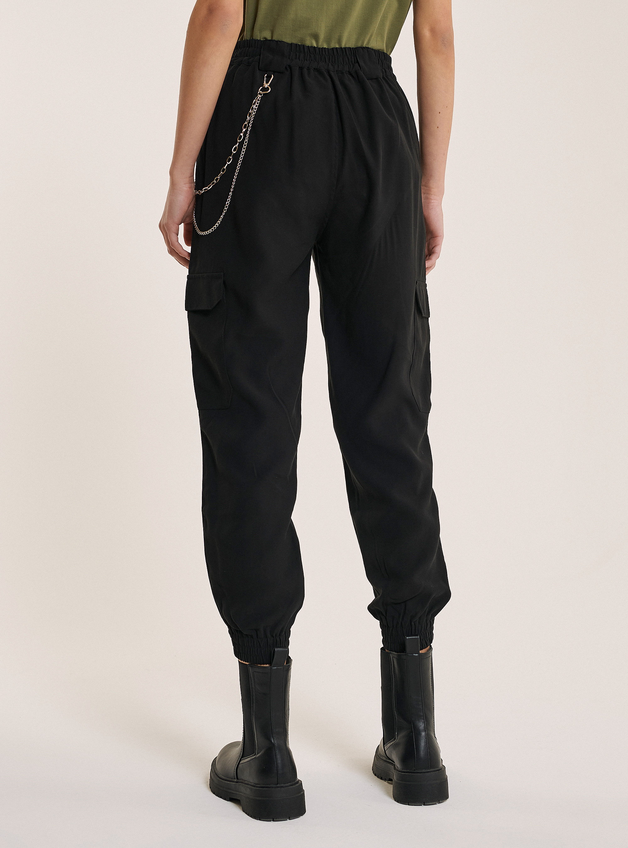 Comfort fit trousers with maxi pockets and chains, BLACK