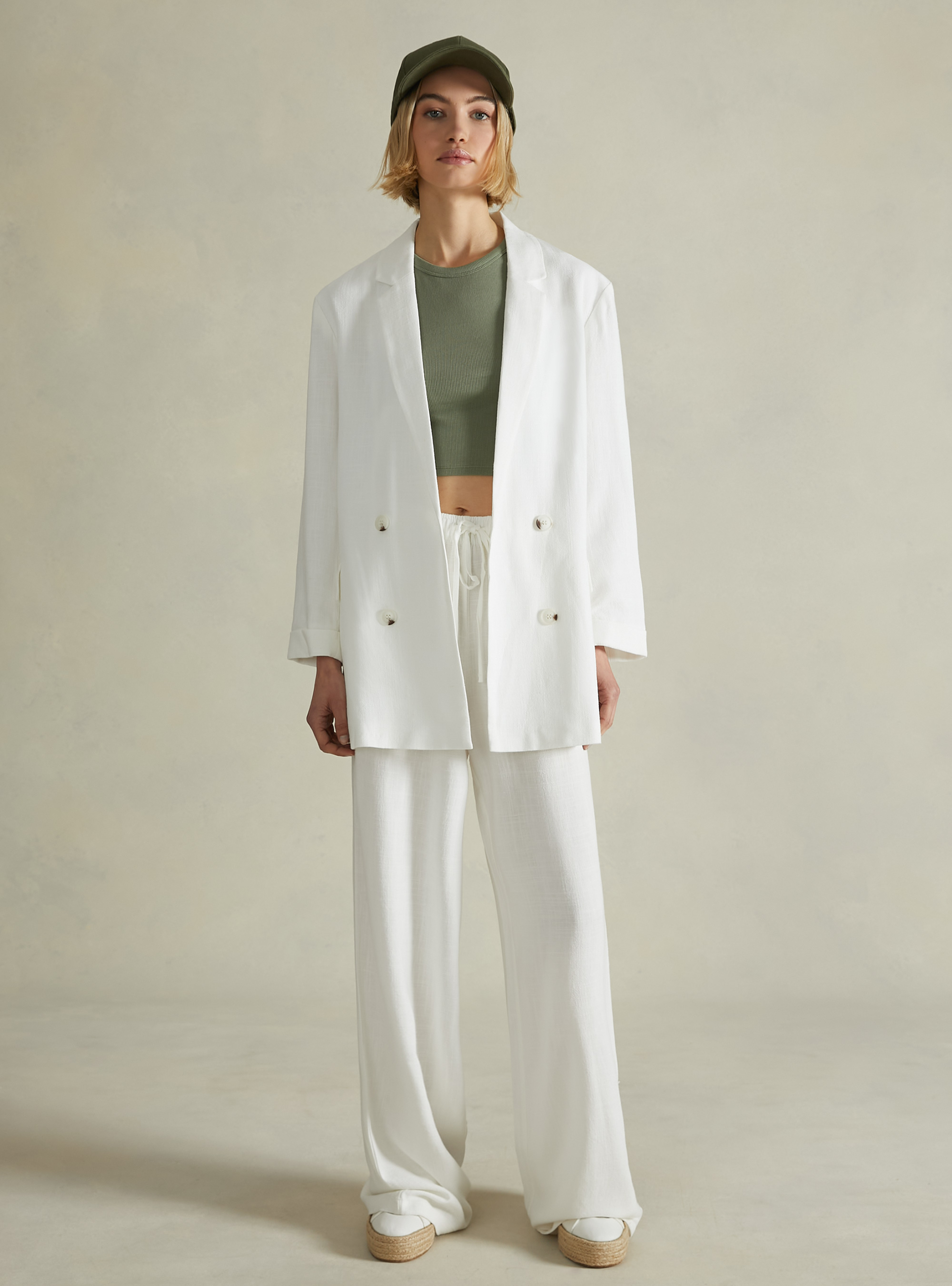 Blazer à double boutonnage en lin mélangé, WH2 WHITE