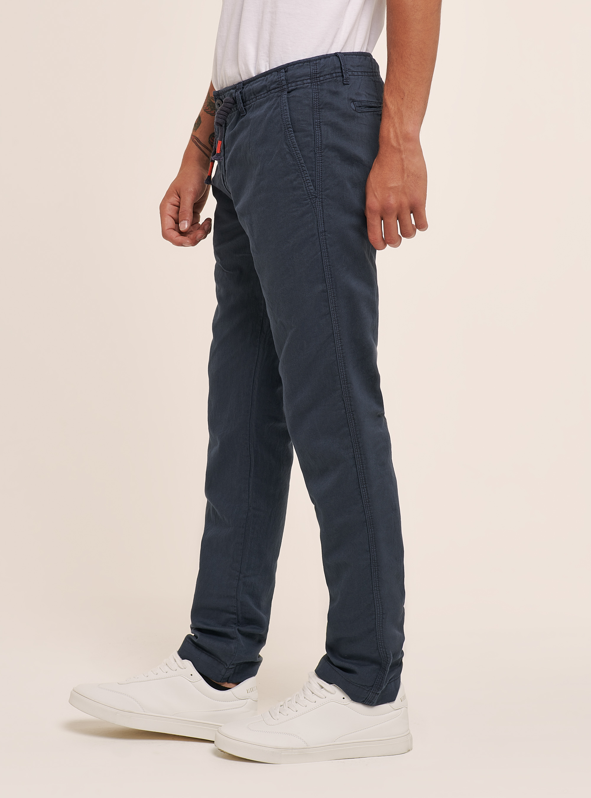 Chino en lin mélangé avec cordon de serrage à la taille, C2229 BLUE