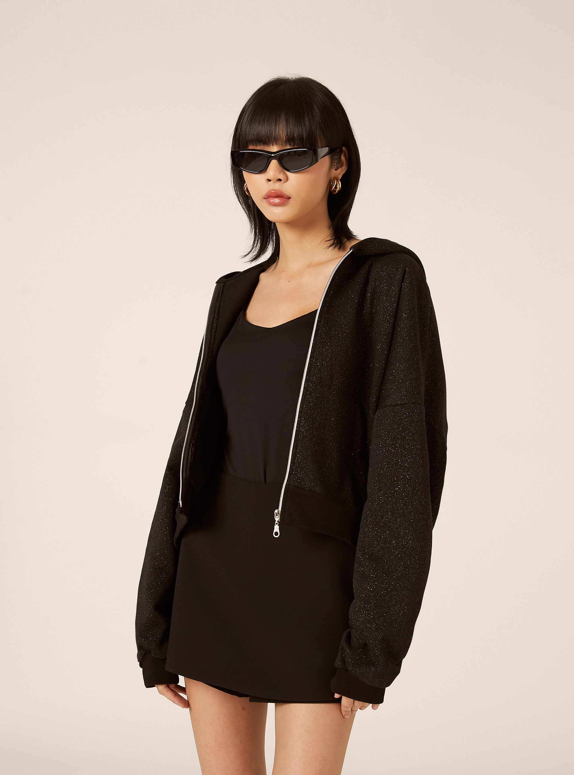 Cardigan cappuccio oversize con glitter, BK1 BLACK