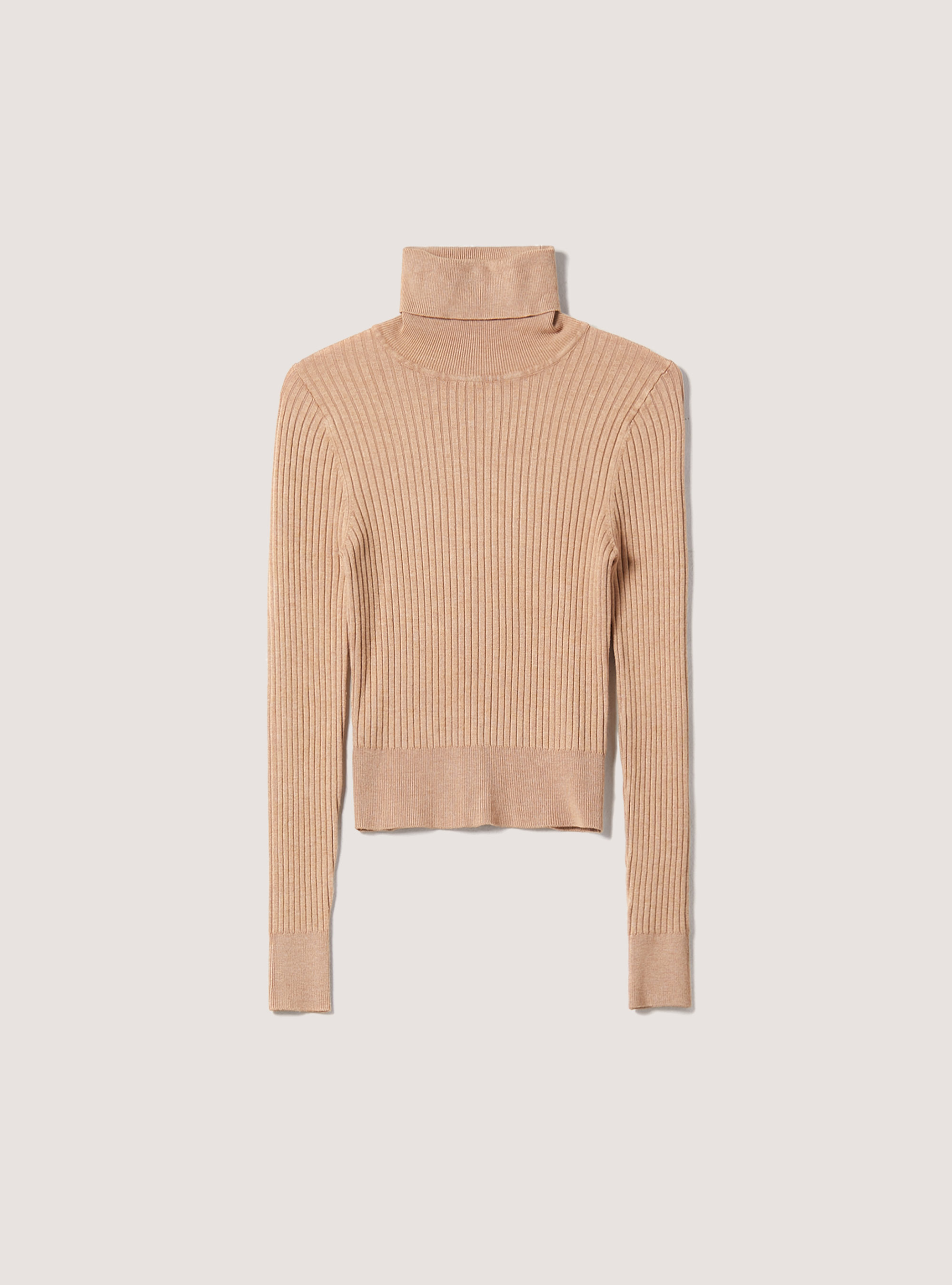 Pullover cropped a collo alto a coste, MBG2 BEIGE MEL MED