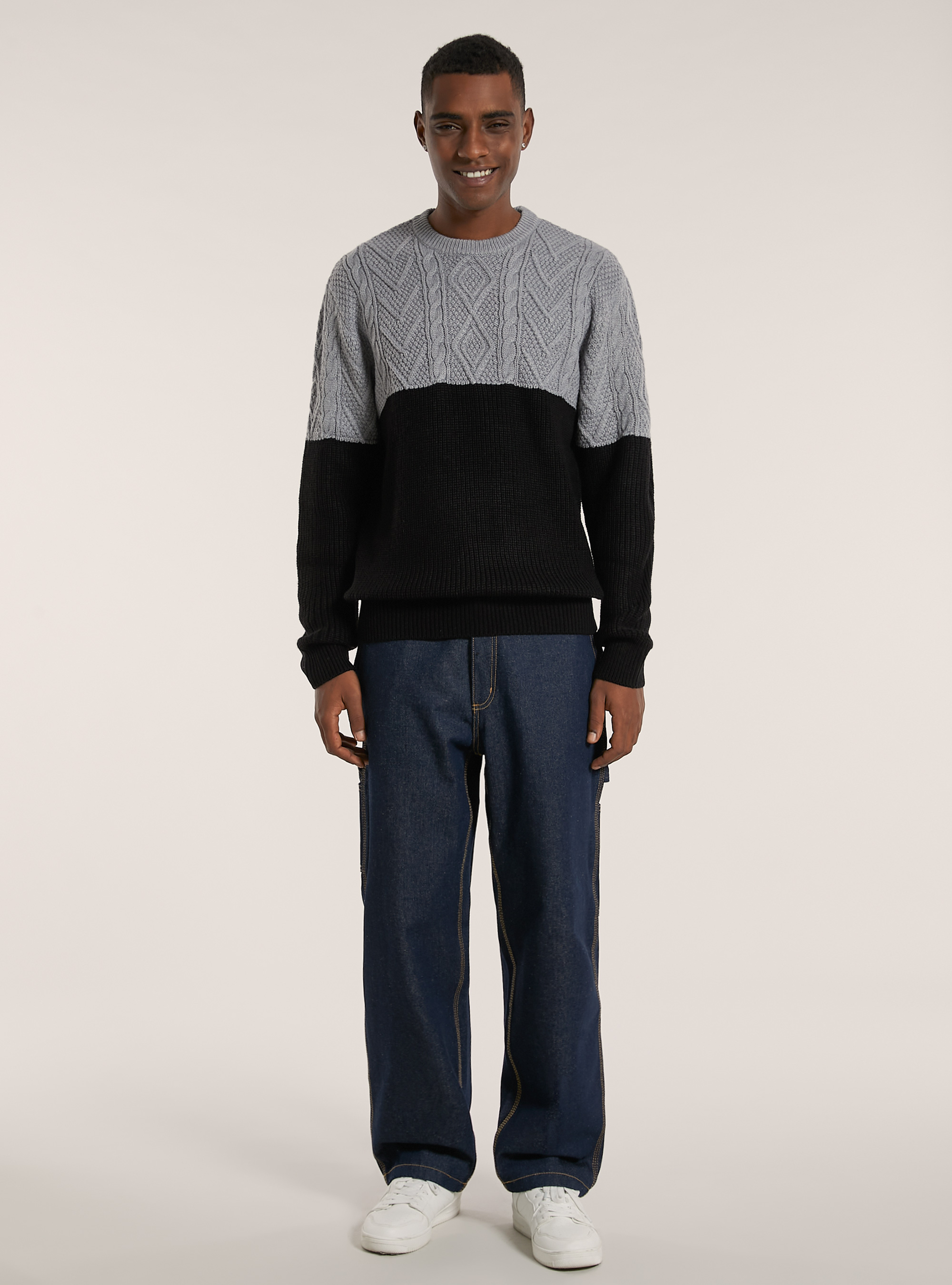 Pullover color block in misto lana con lavorazione a trecce, MGY2 GREY MEL MEDIUM