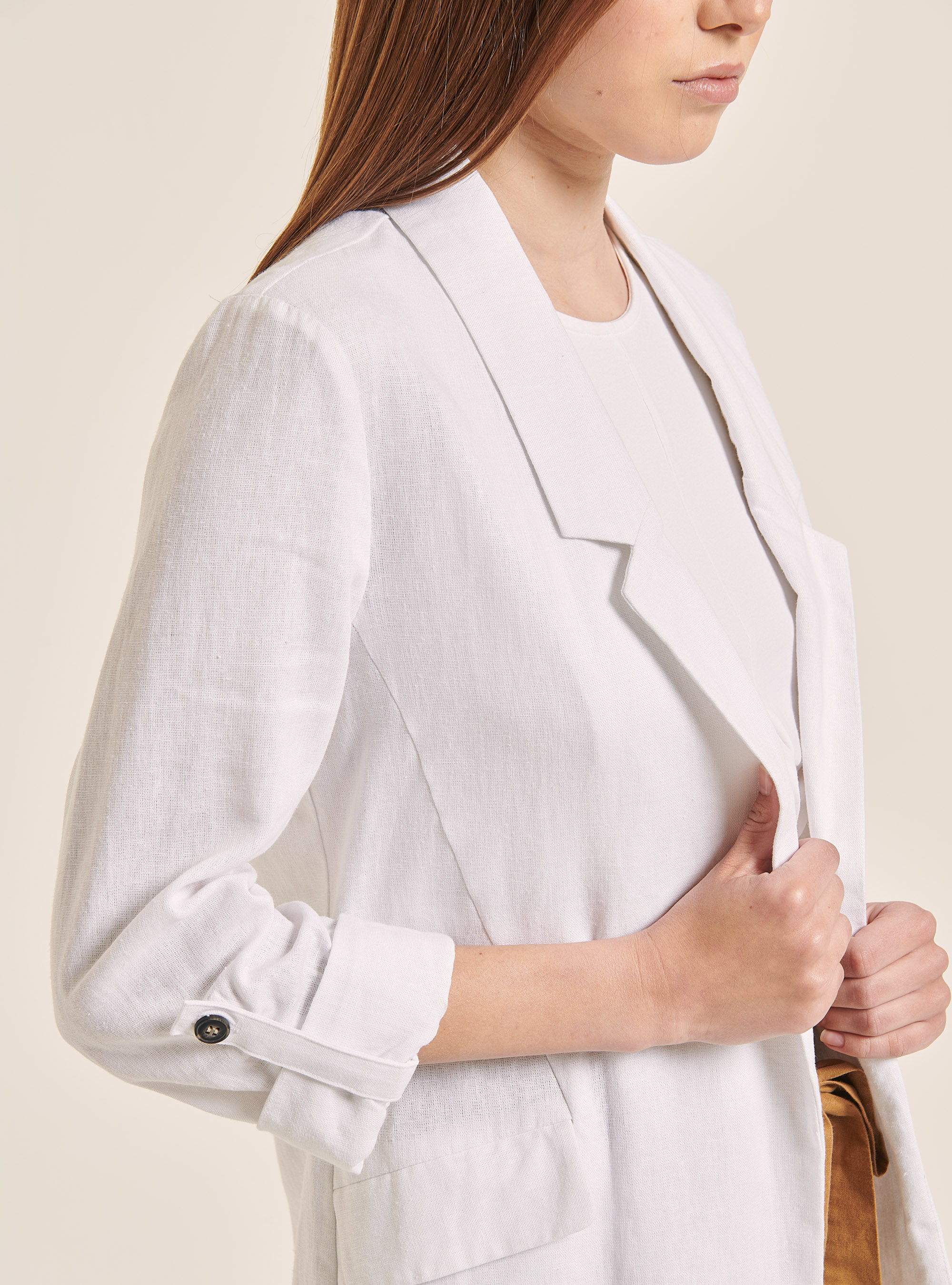 Plain Linen Blend Blazer, WHITE