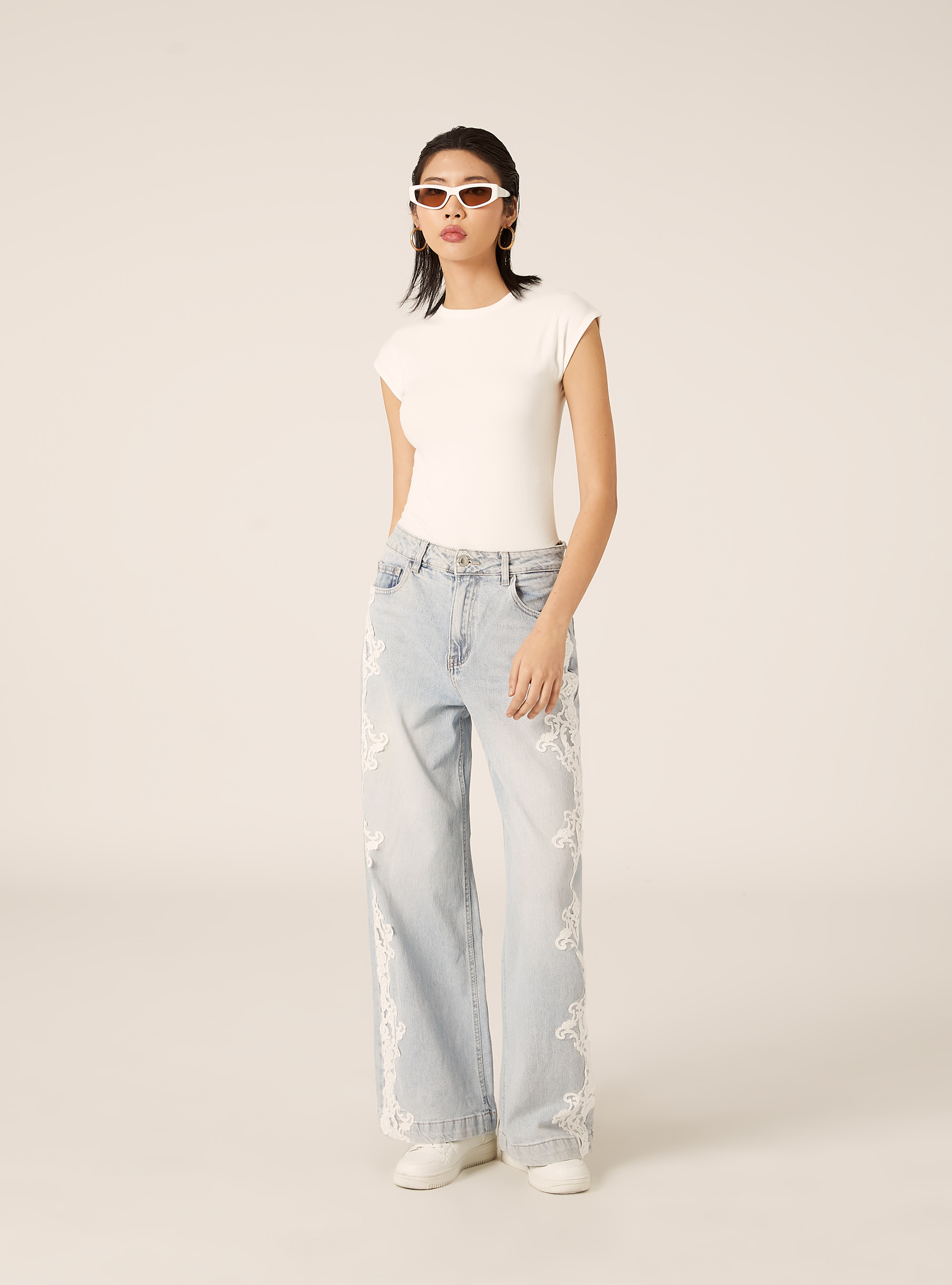 Jeans wide leg dettaglio pizzo laterale, D006 AZURE