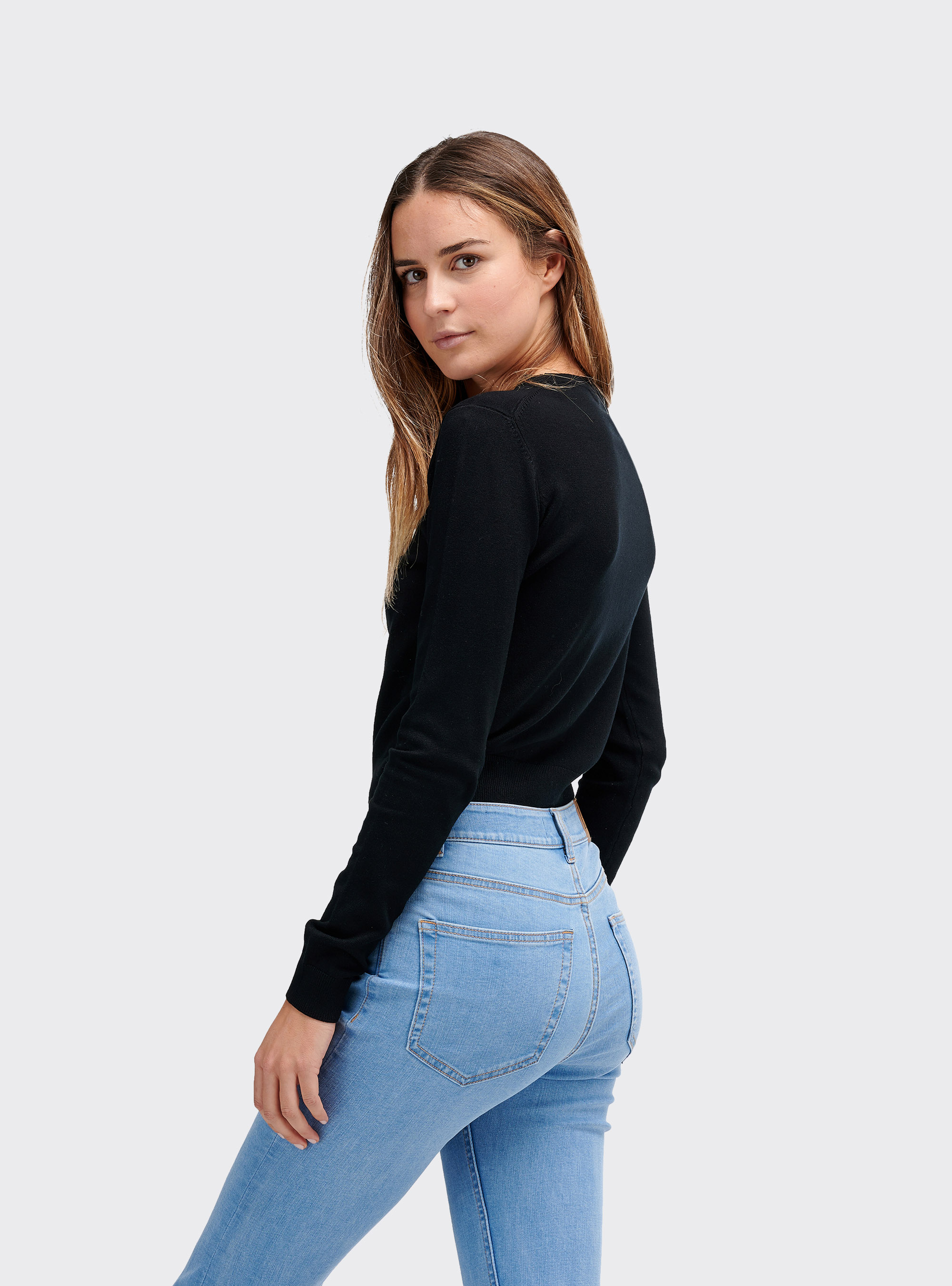 Cropped basic t-shirt with long sleeves, BLACK