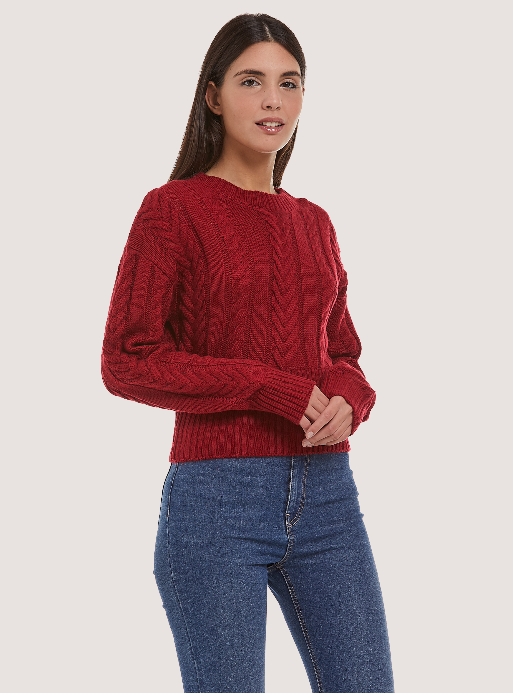 Pullover cropped con trecce, ROSSO