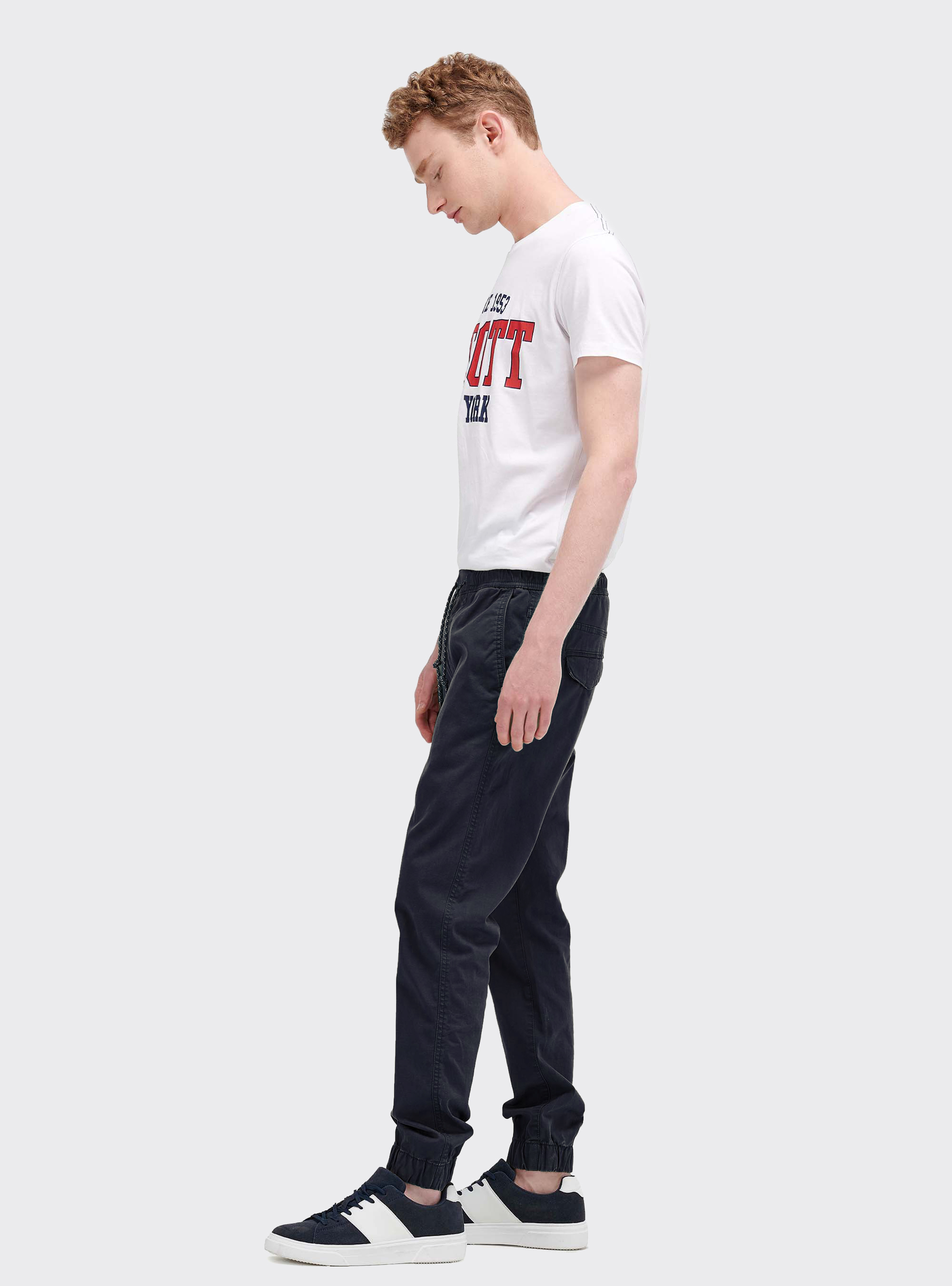 Jogger in cotone con elastico e stringa, BLU MARINO