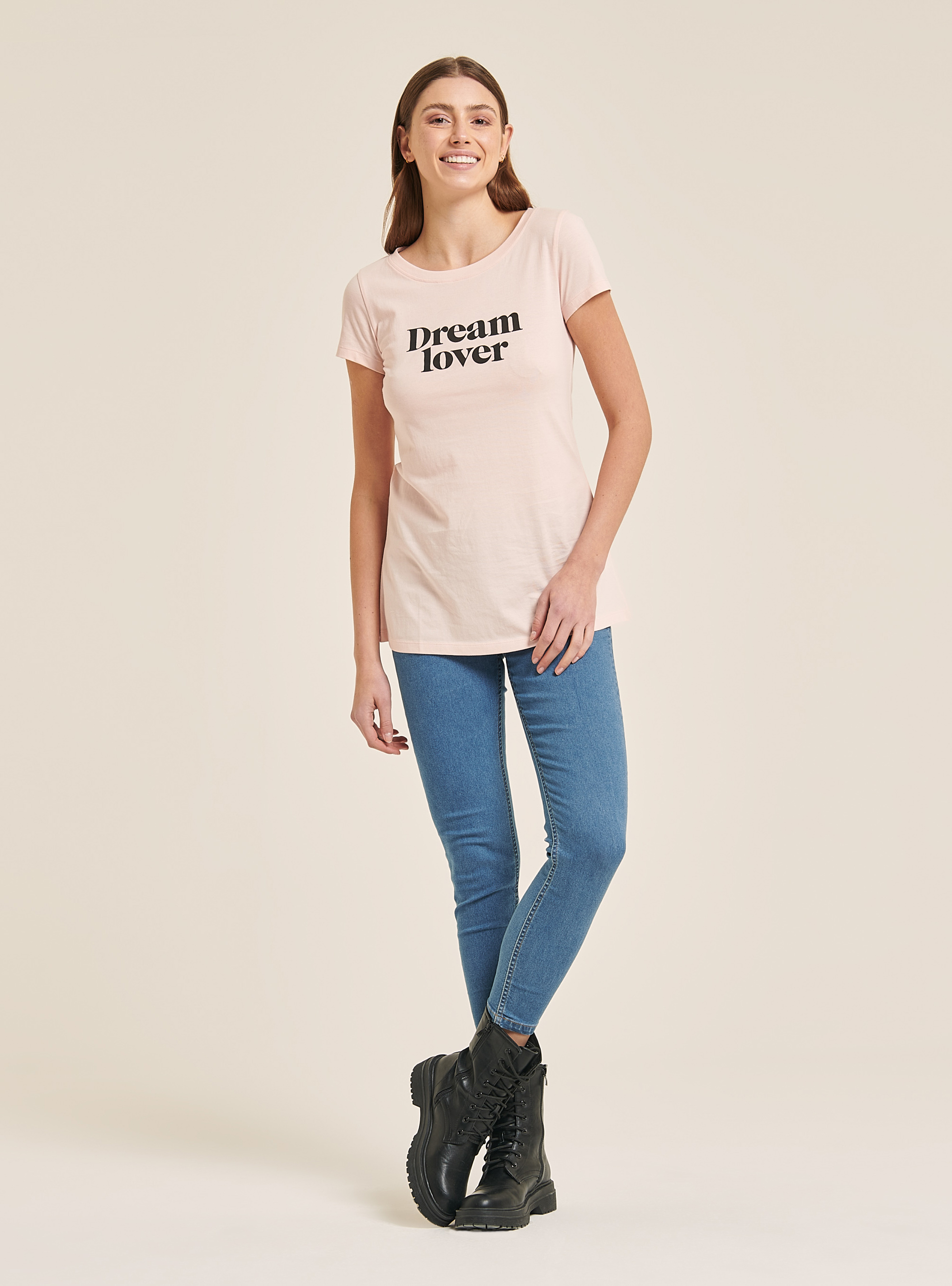 Cotton T-shirt with printed slogan, C4436 L.PINK