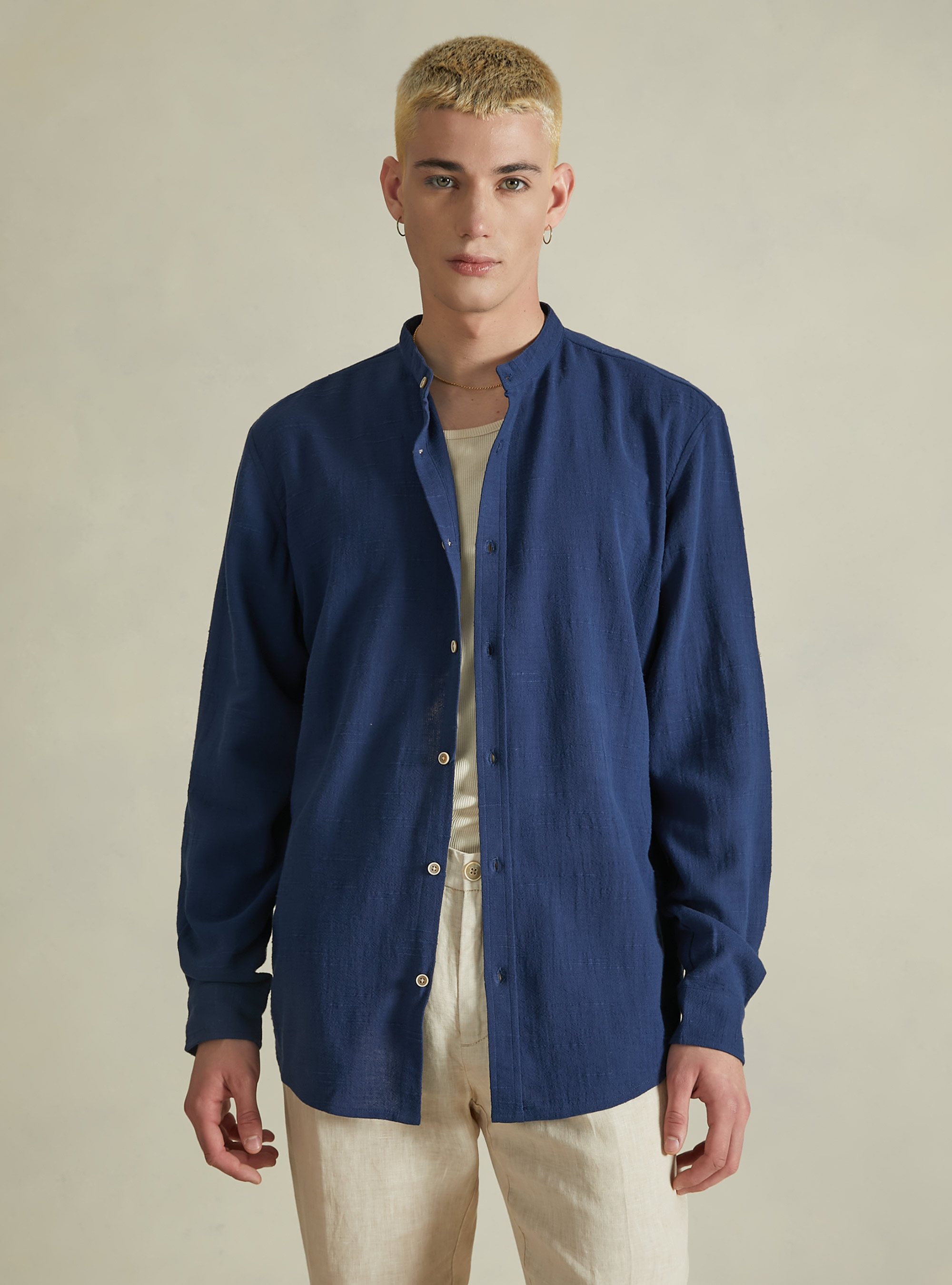 Linen blend shirt with mandarin collar, NA2 NAVY MEDIUM
