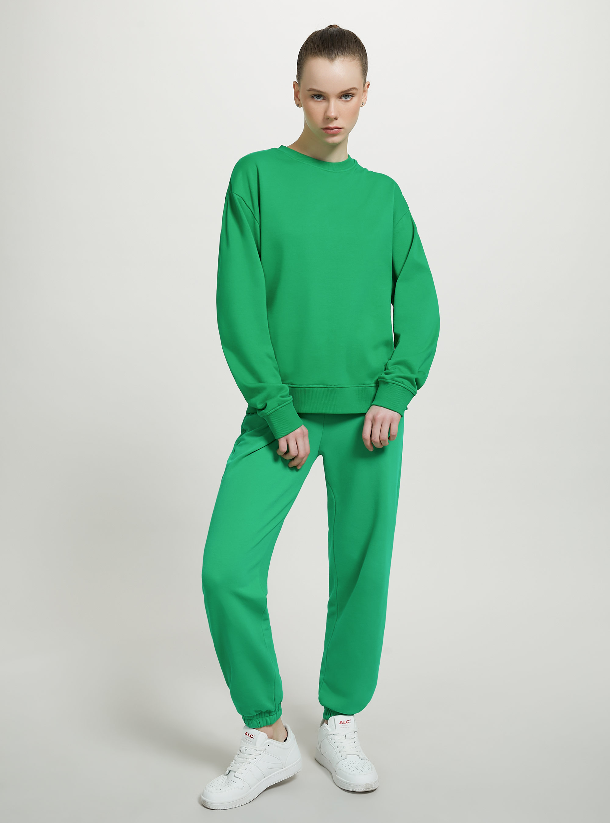 Sudadera lisa de algodón con cuello redondo, GN2 GREEN MEDIUM