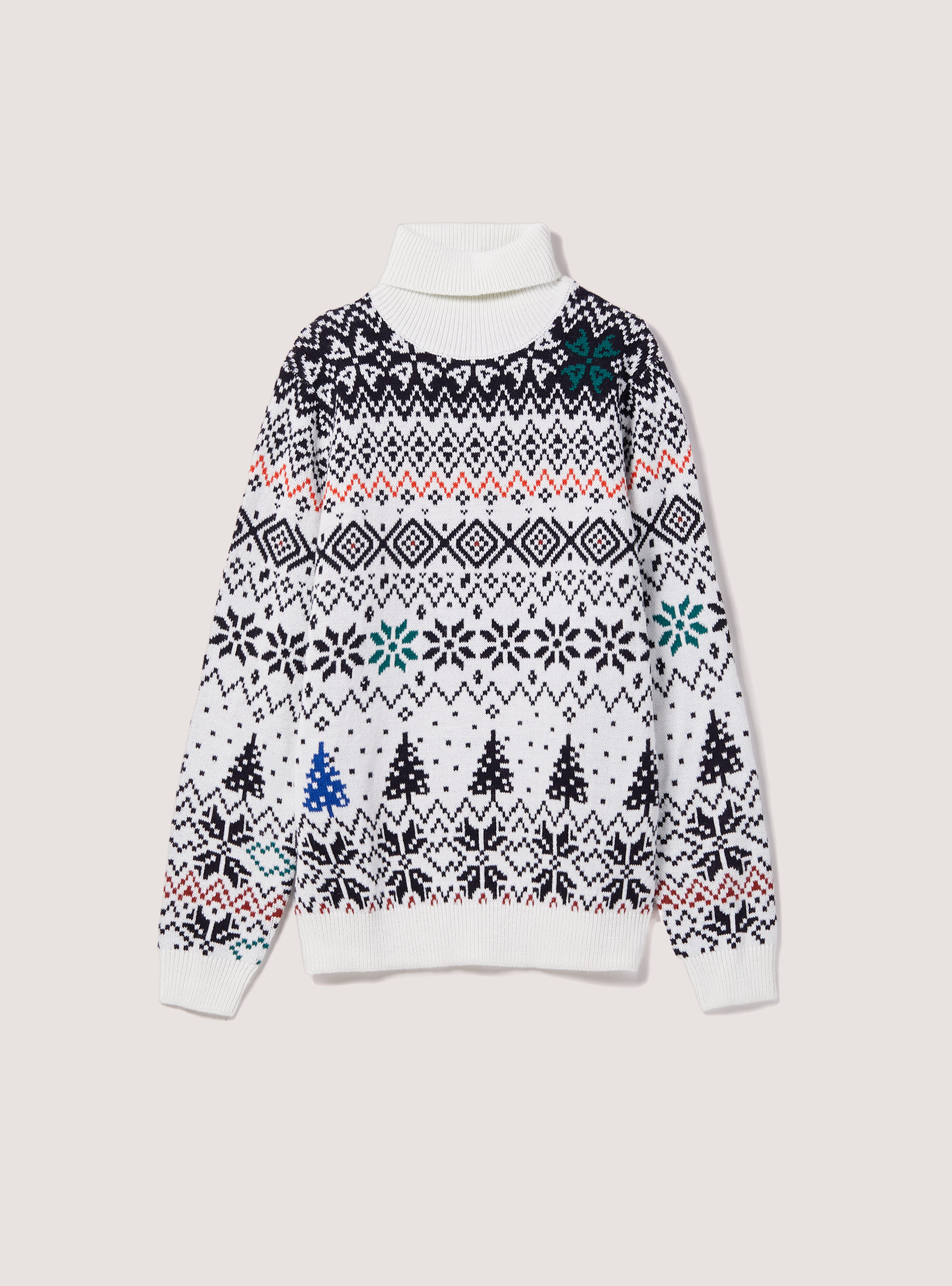 Pullover collo alto con fiocco di neve e abete, WHITE