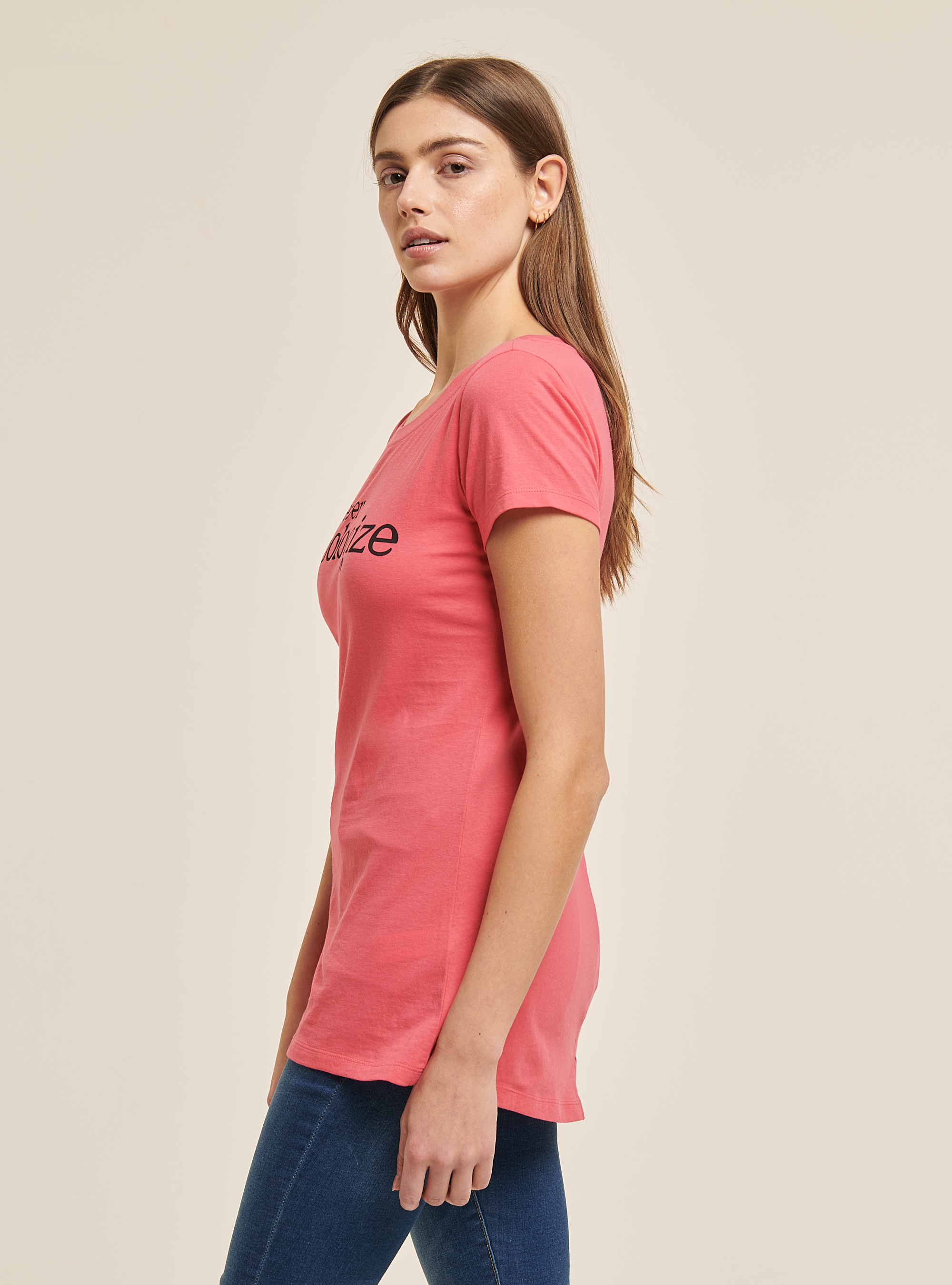 Cotton T-shirt with printed slogan, C3316 PINK