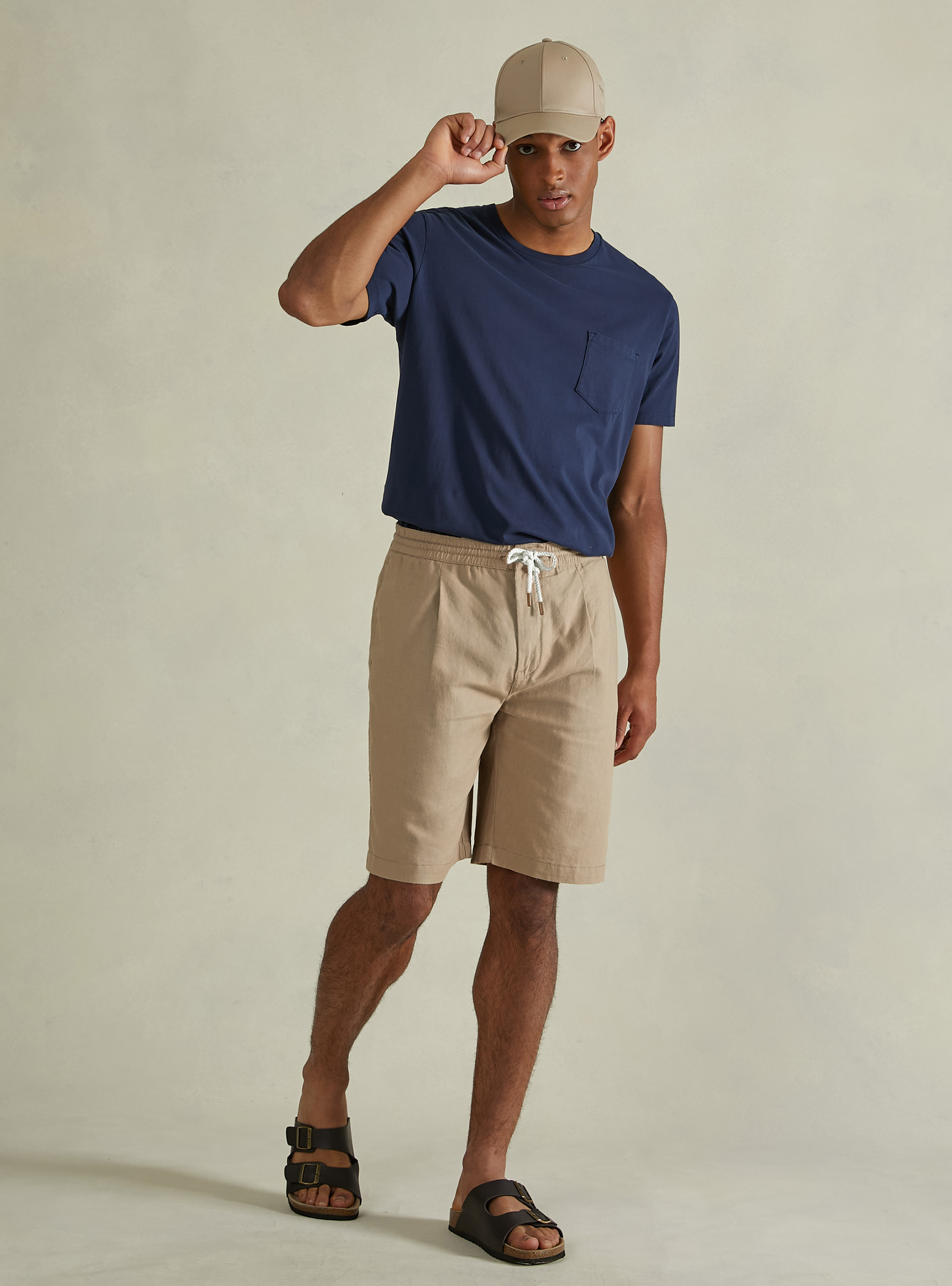 Linen Bermuda Shorts with Drawstring, BG2 BEIGE MEDIUM