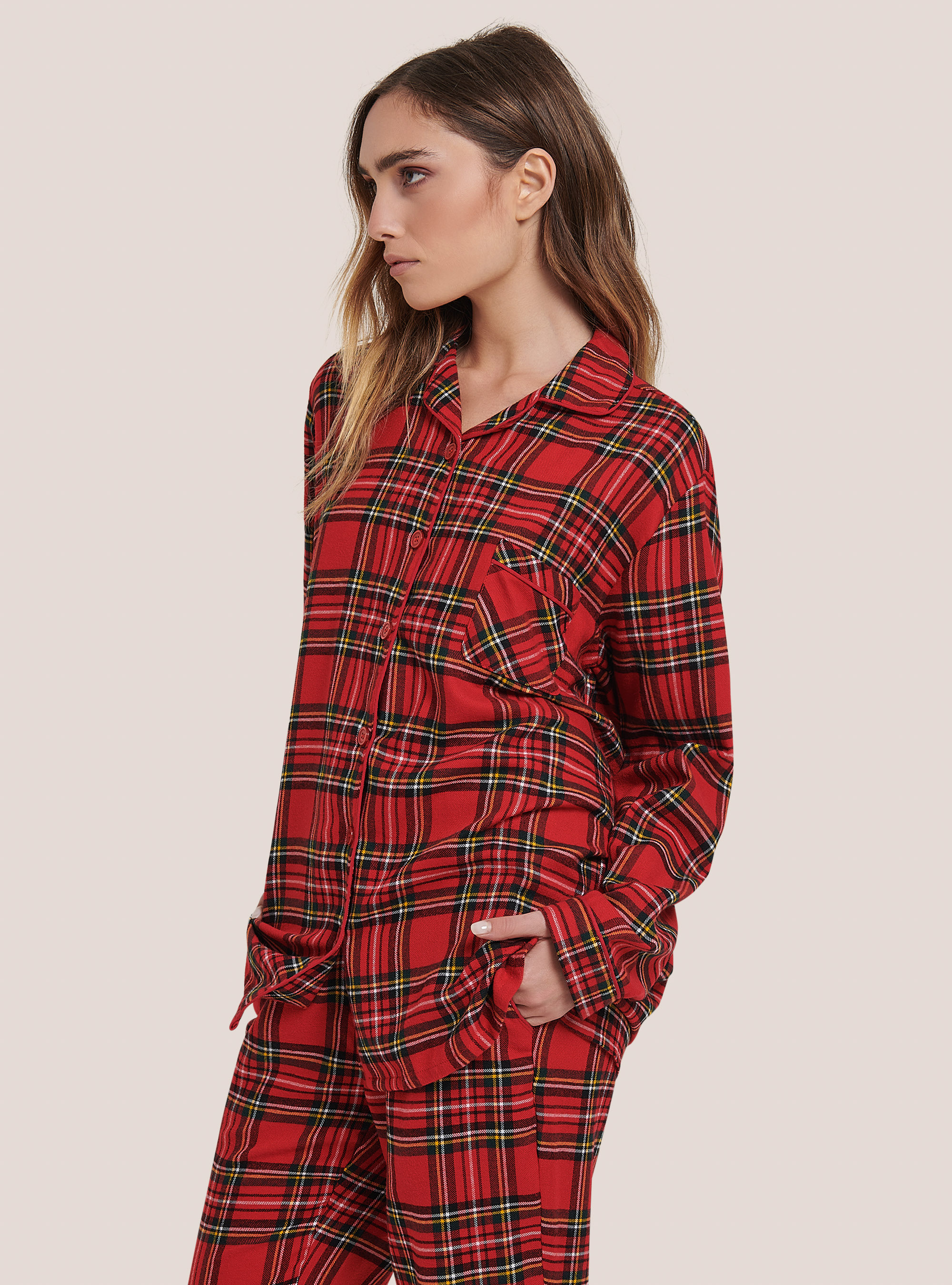 Conjunto de pijama de tartán con bolsillo, CUADROS