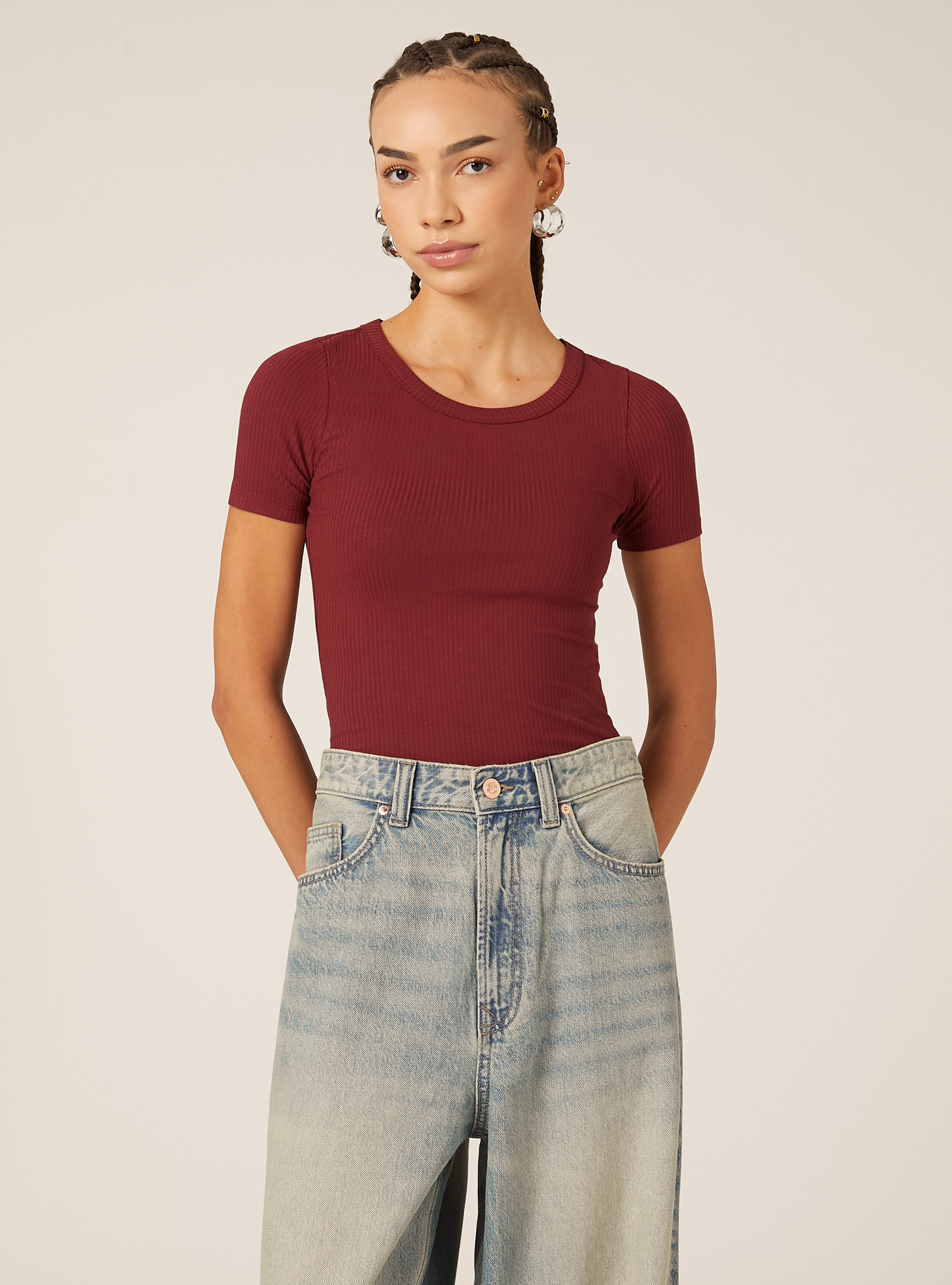 Body à manches courtes cotelées, BO1 BORDEAUX DARK