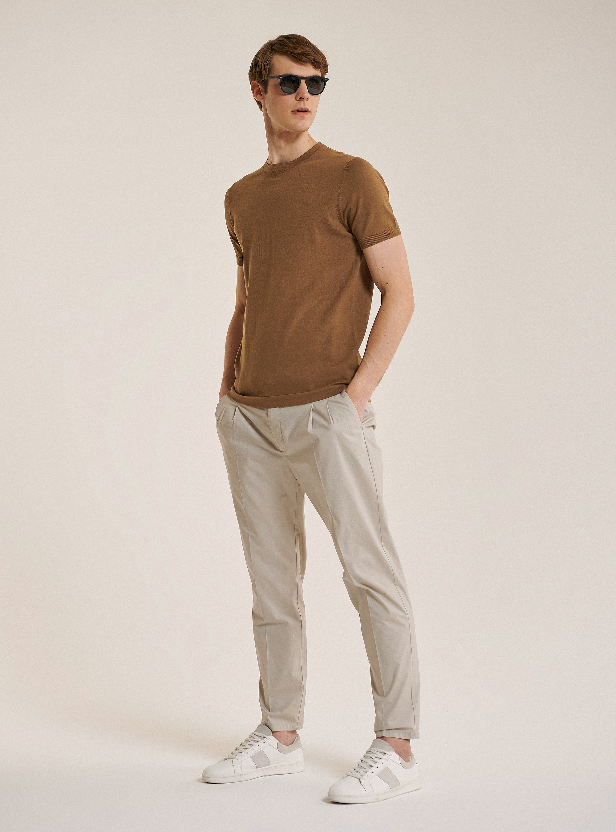 Pullover in cotone a maniche corte, C5507 TOBACCO