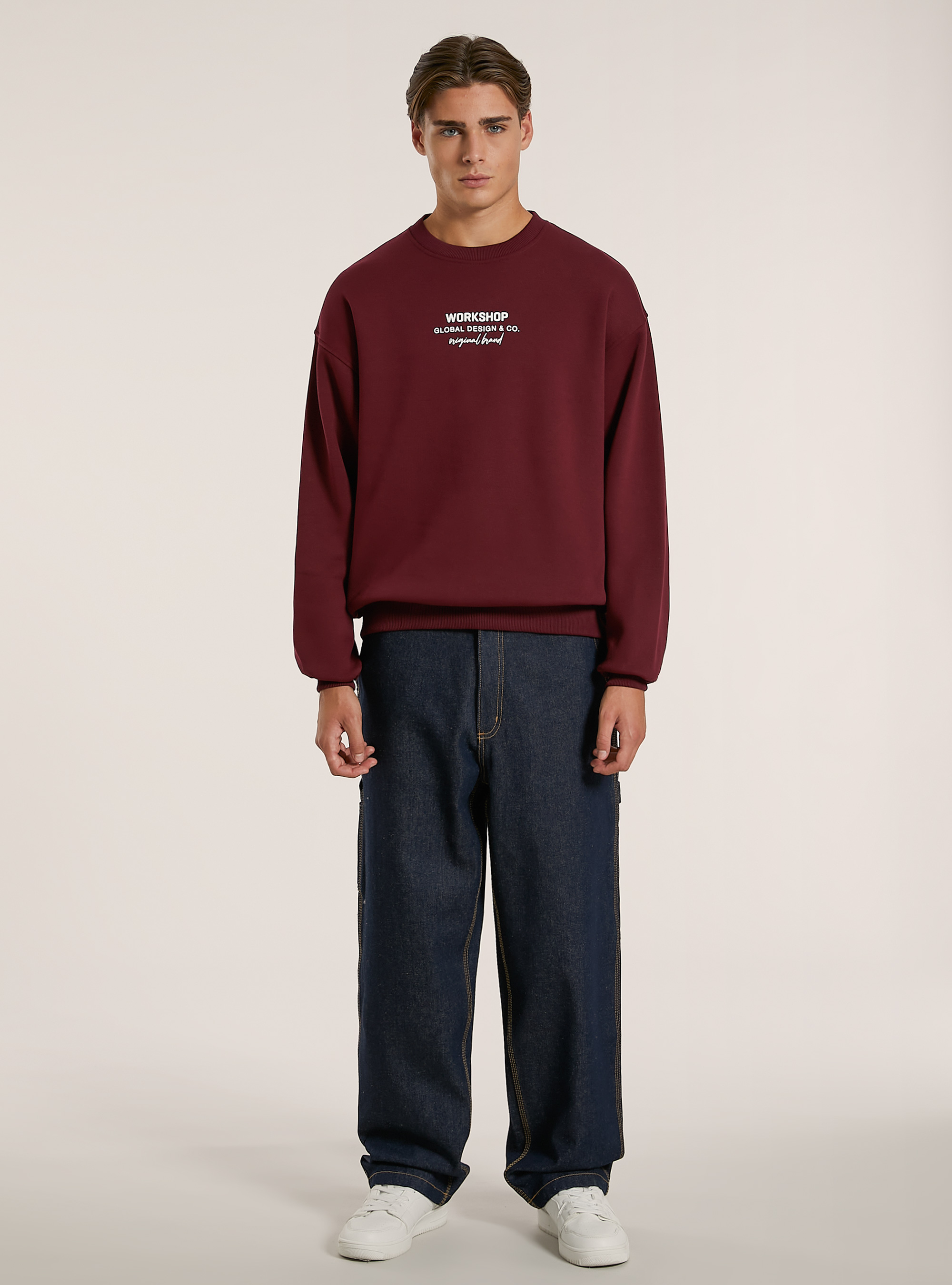Boxy fit sweatshirt with Workshop print, BO1 BORDEAUX DARK