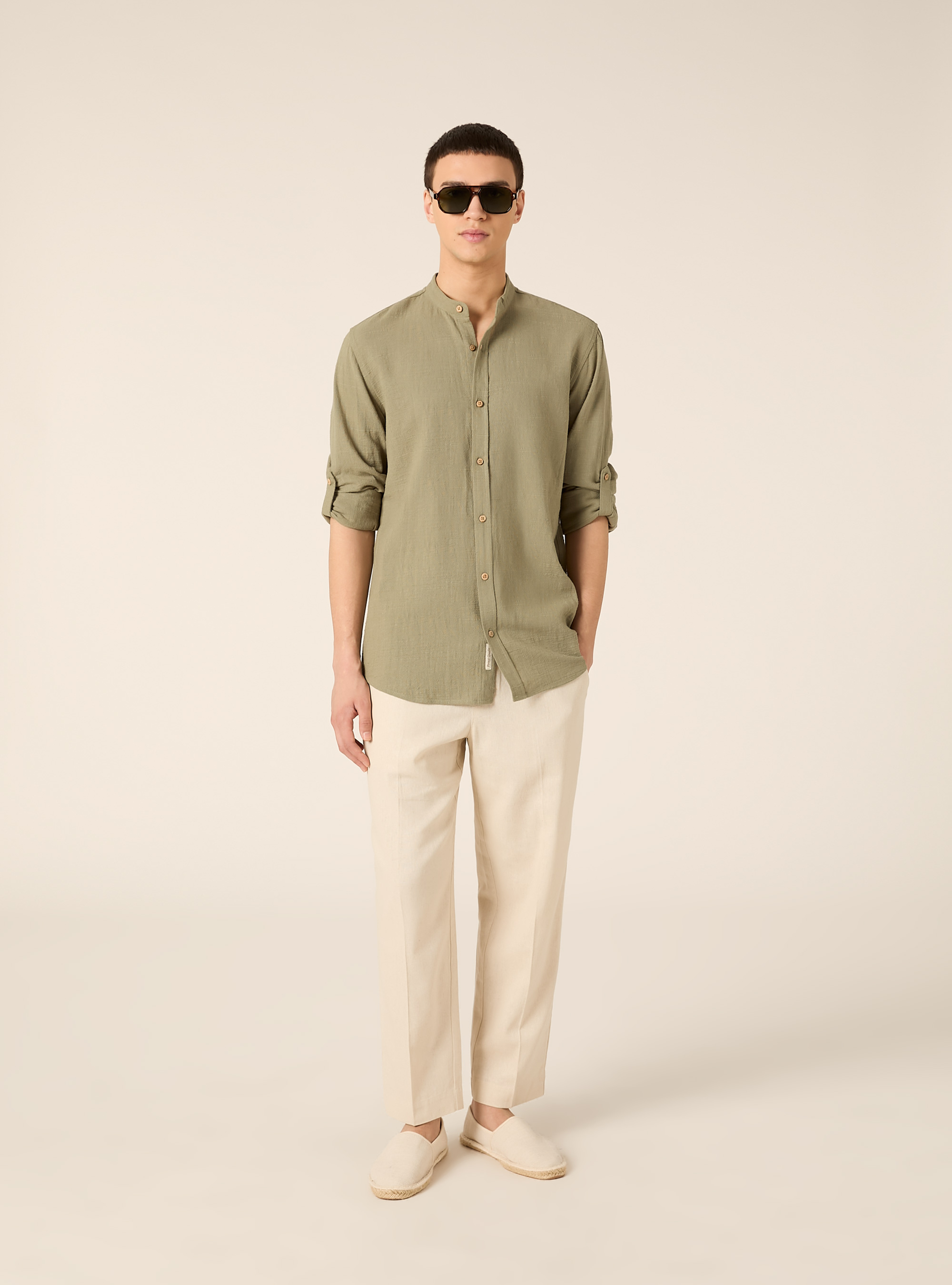 Camicia con collo alla coreana in misto lino, KY2 KAKY MEDIUM