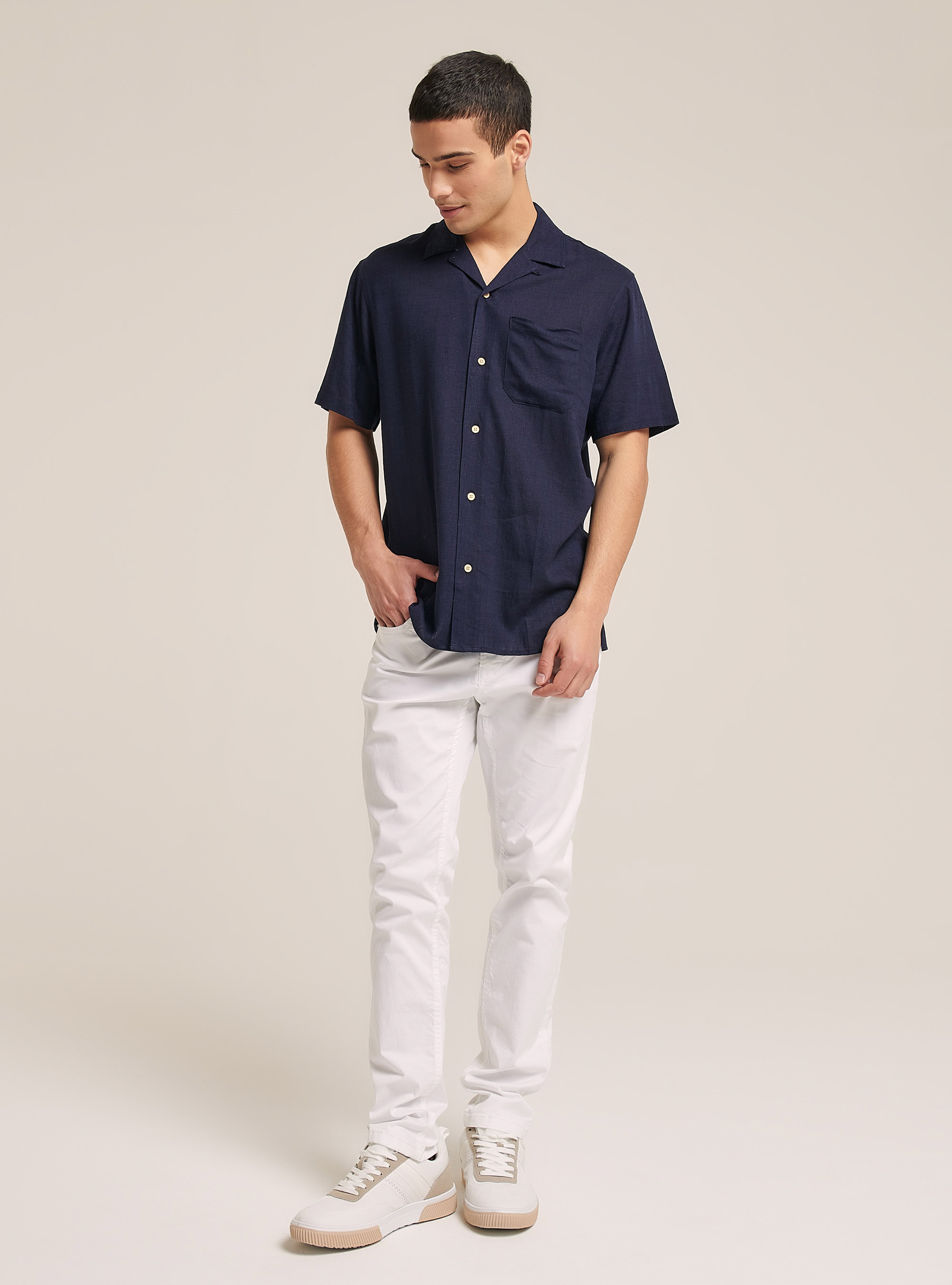Linen blend shirt with bowling collar, C2456 BLU