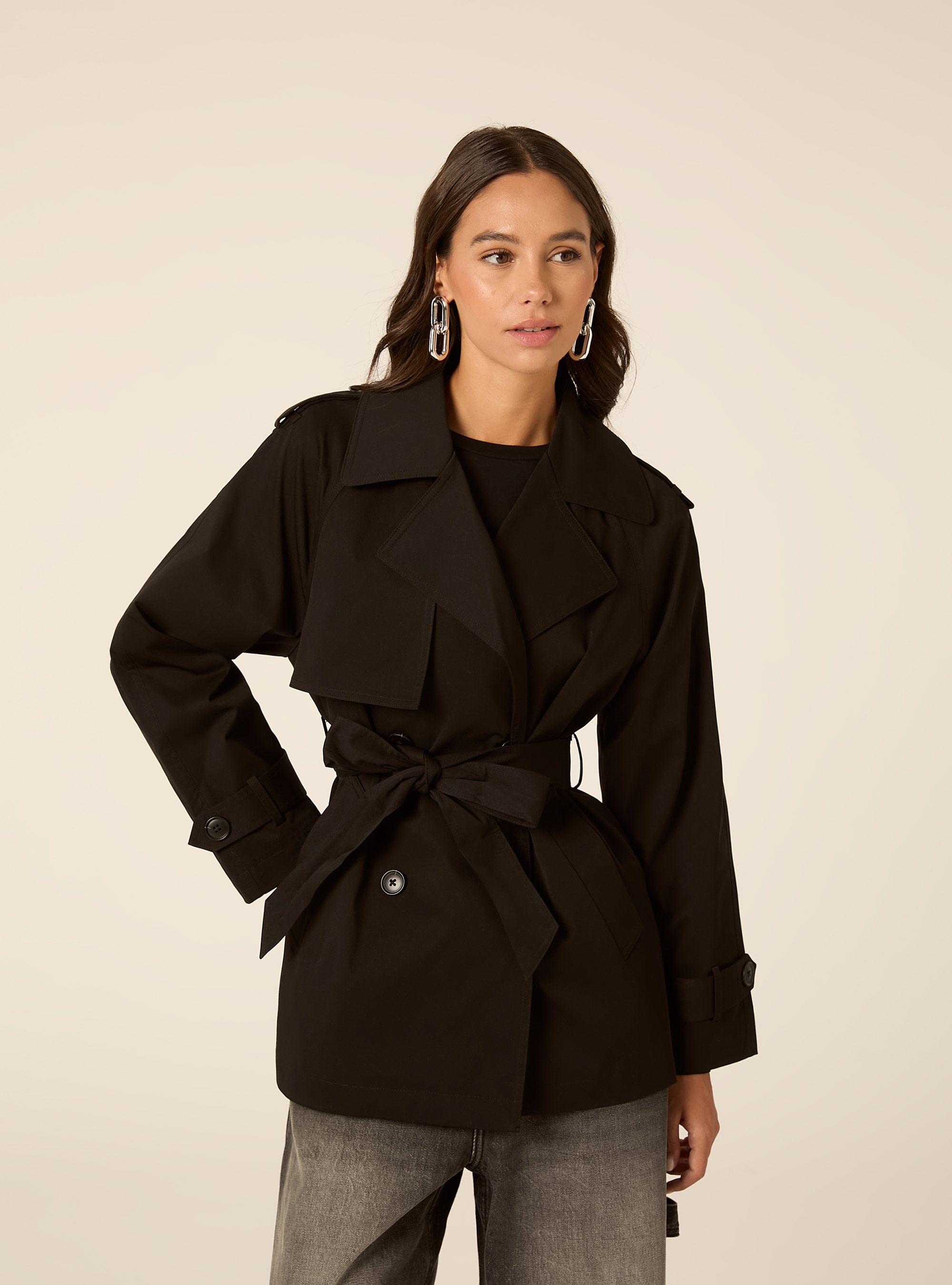 Short Double-Breasted Belted Trench Coat, BK1 BLACK
