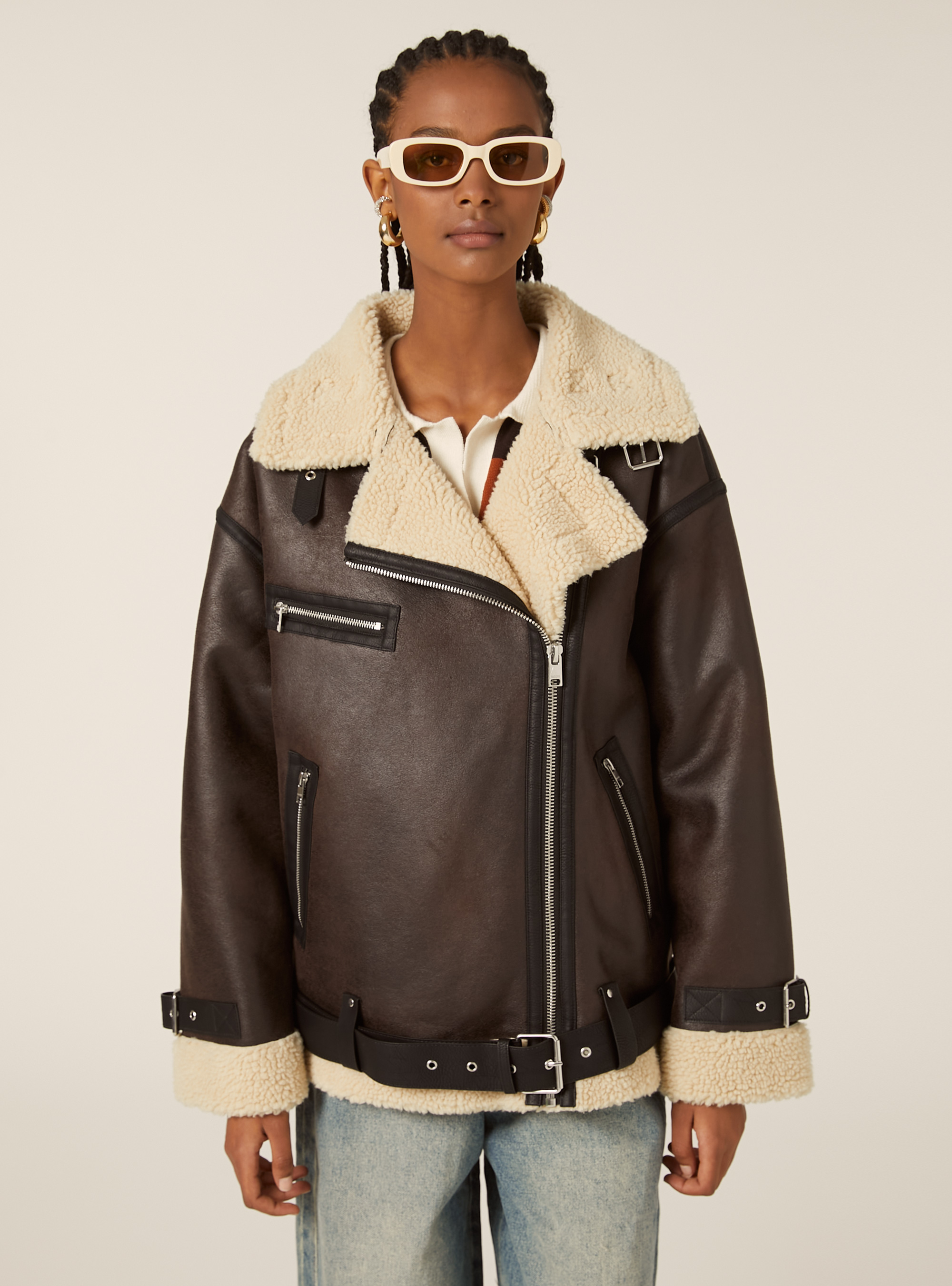 Giubbotto montone effetto pelle, BR1 BROWN DARK