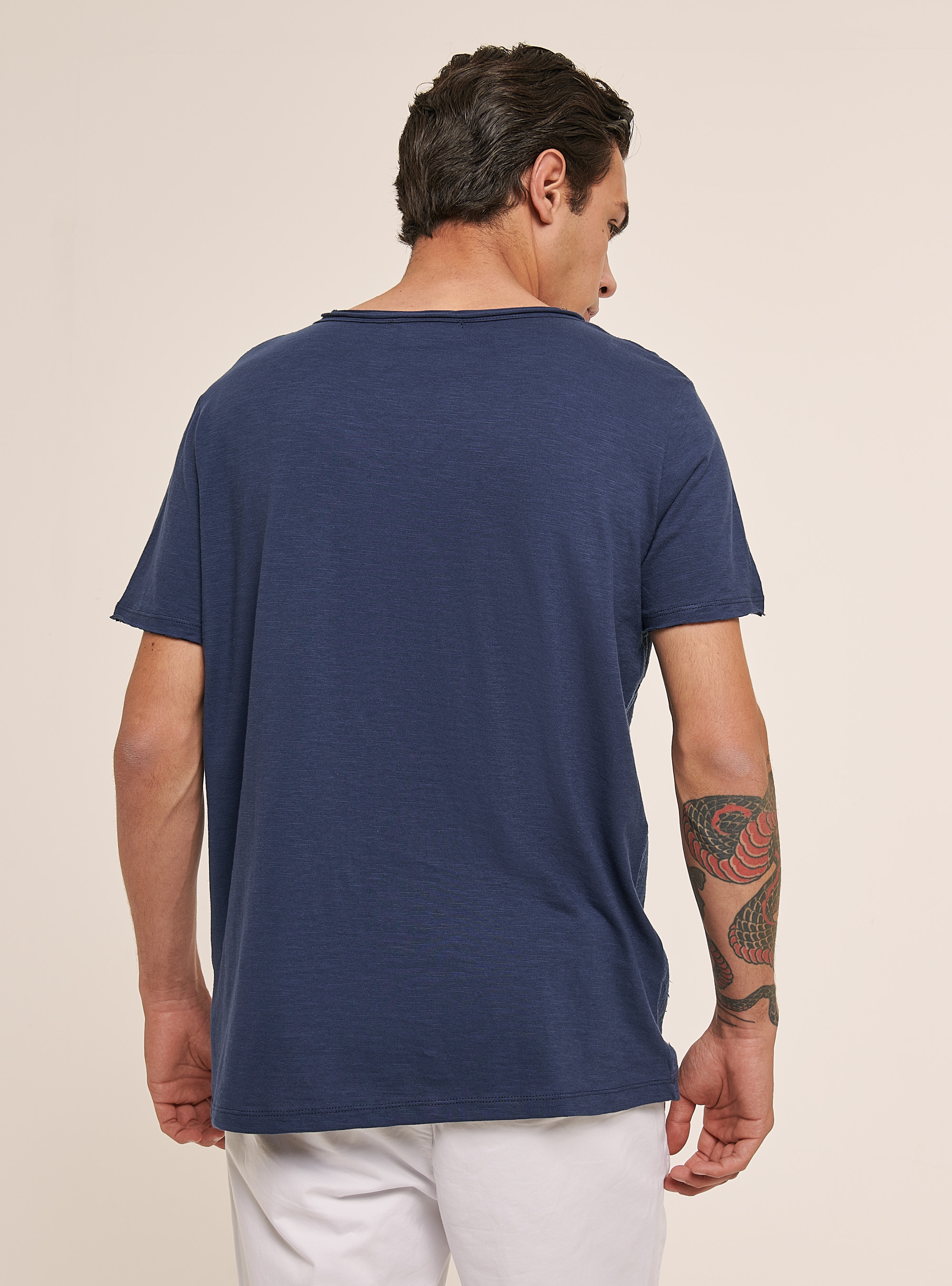 Linen-blend T-shirt in slub fabric, C214 BLUE NAVY