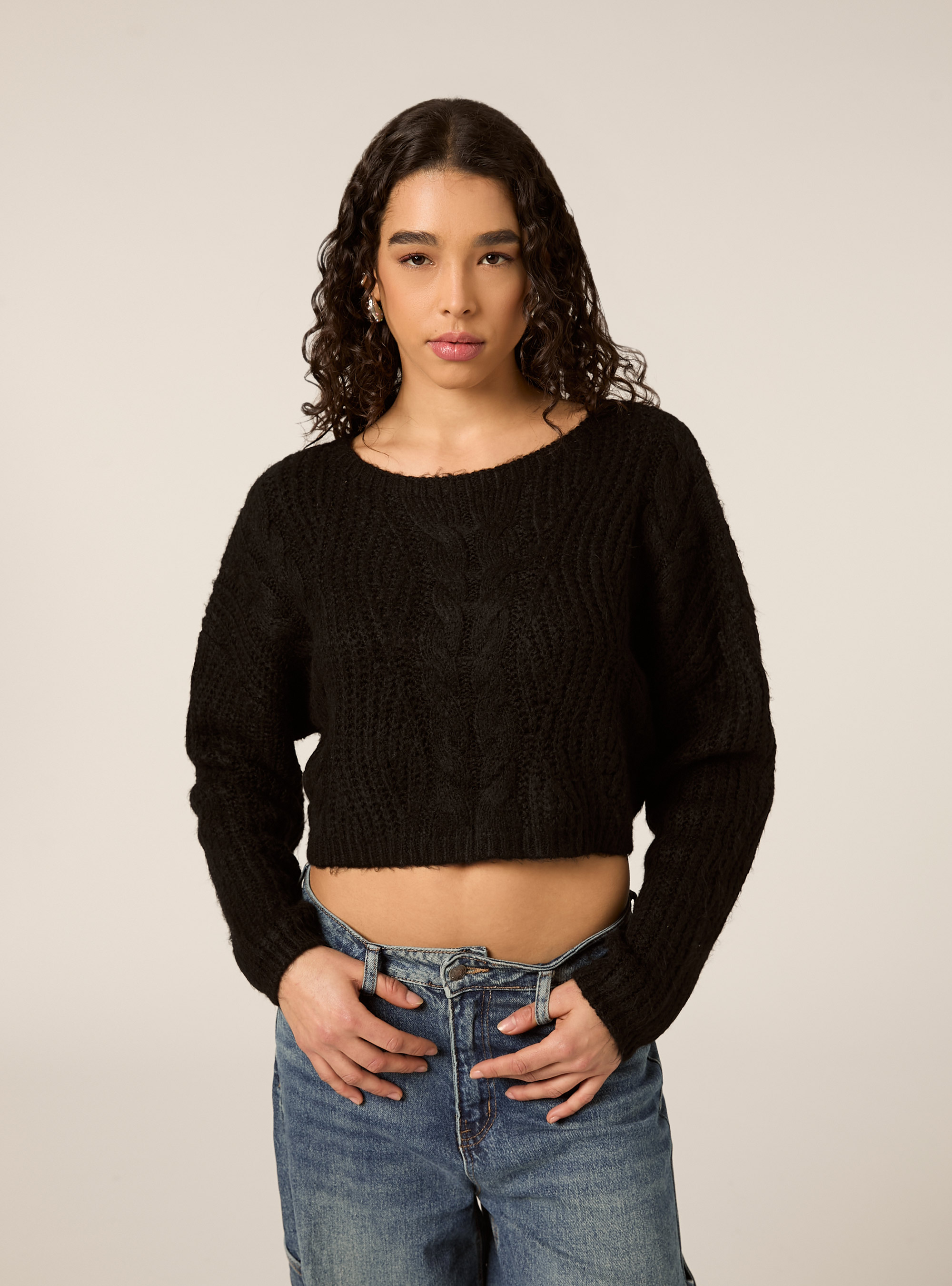 Maglia a trecce scollo a barca, BK1 BLACK