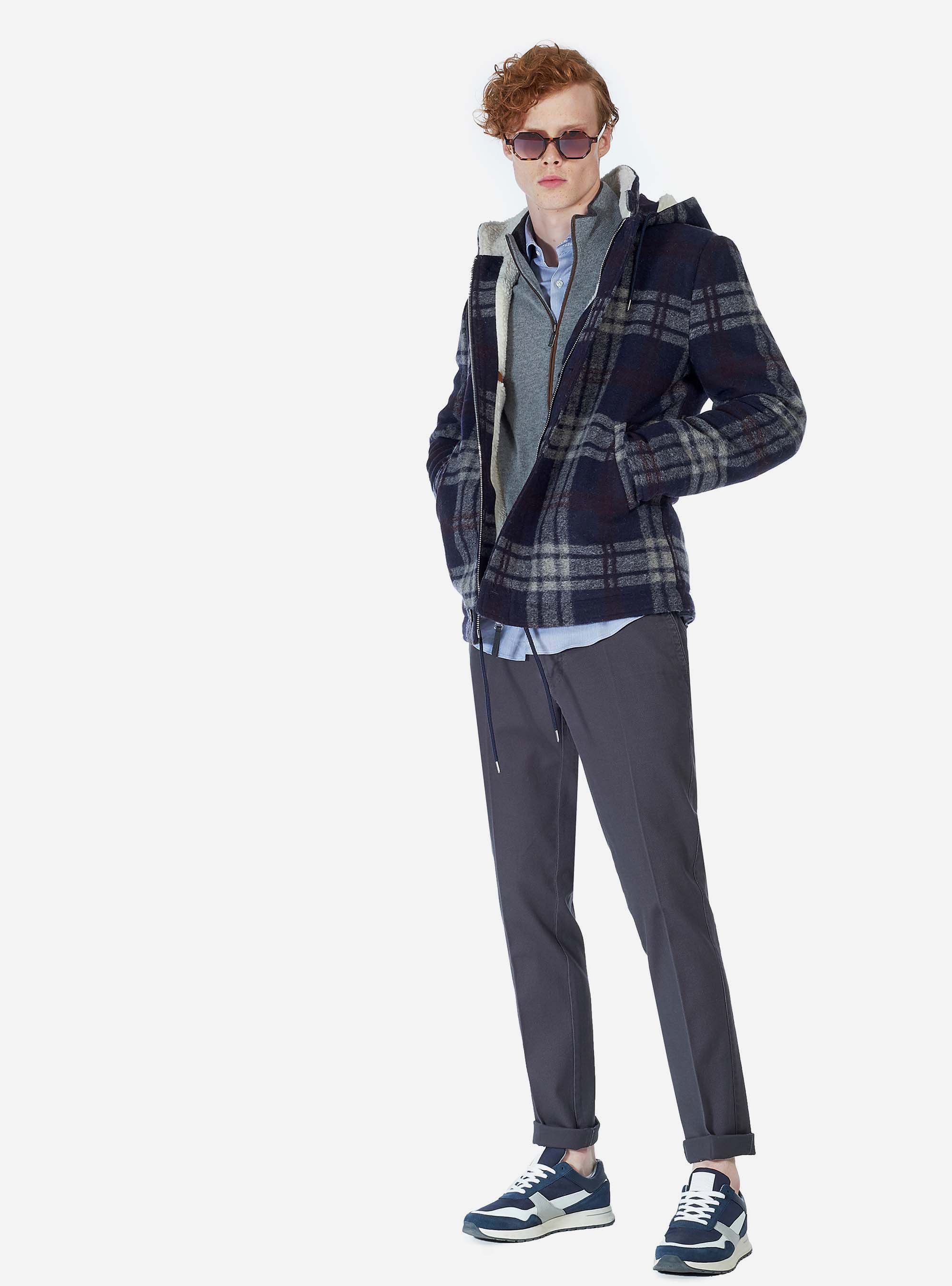 CAZADORA A CUADROS CON INTERIOR EN PIEL DE OVEJA, AZUL MARINO