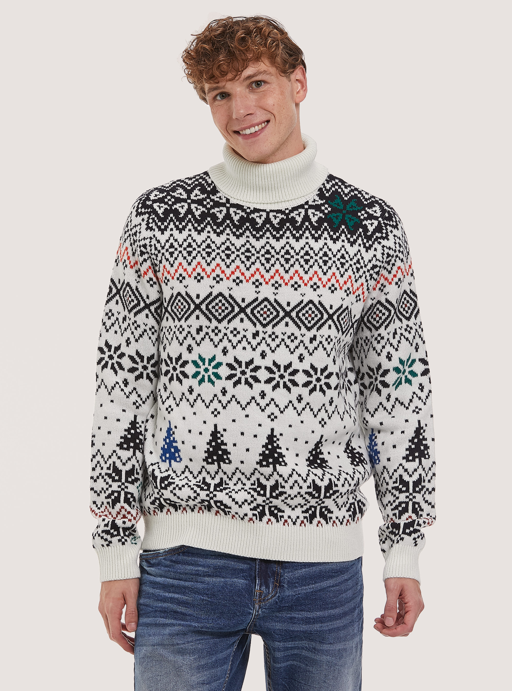 Pullover collo alto con fiocco di neve e abete, WHITE